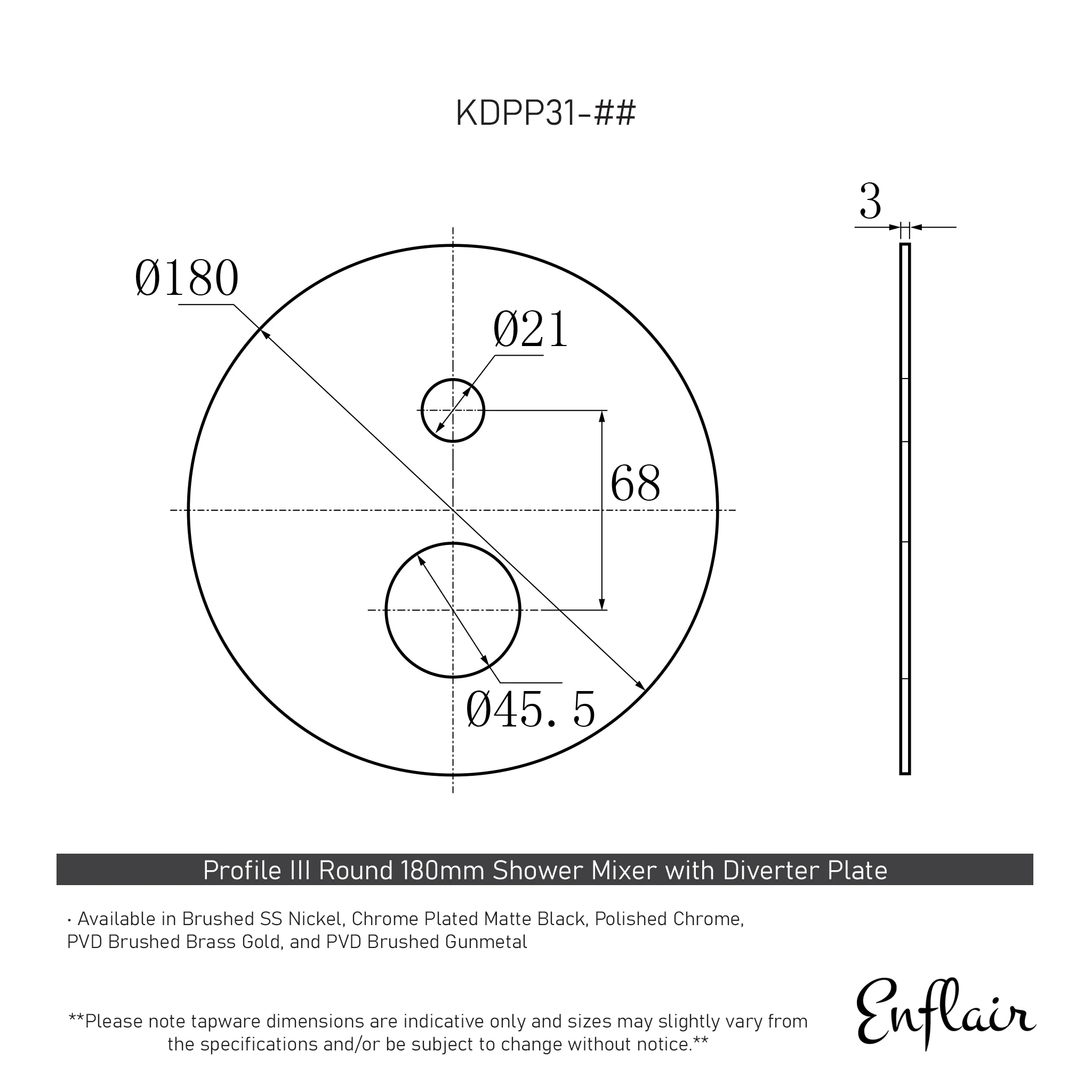 180mm Round Plate for Profile III Shower Mixer with Diverter, Chromium Matte Black - Image 3