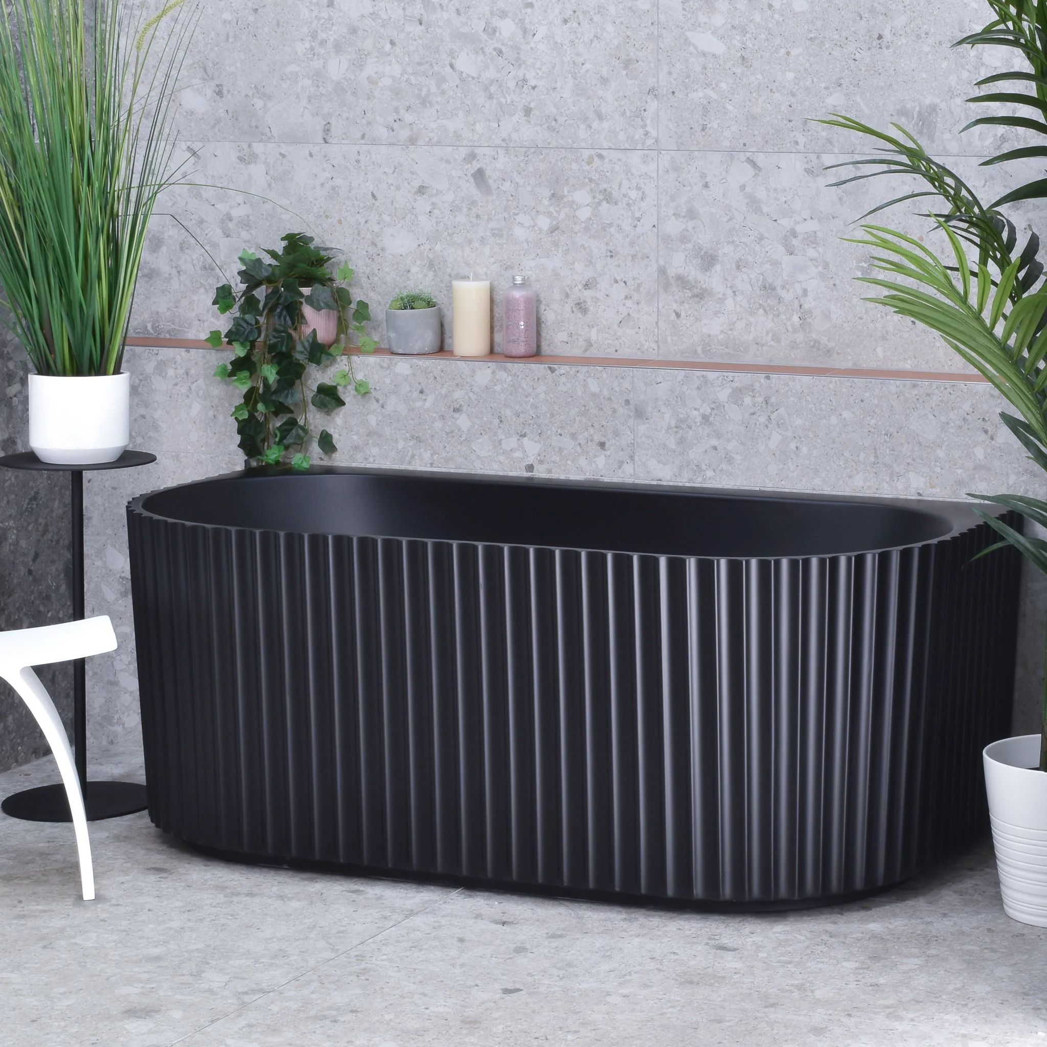 Agora Groove 1500mm Fluted Oval Freestanding Back to Wall Bath, Matte Black - Image 9