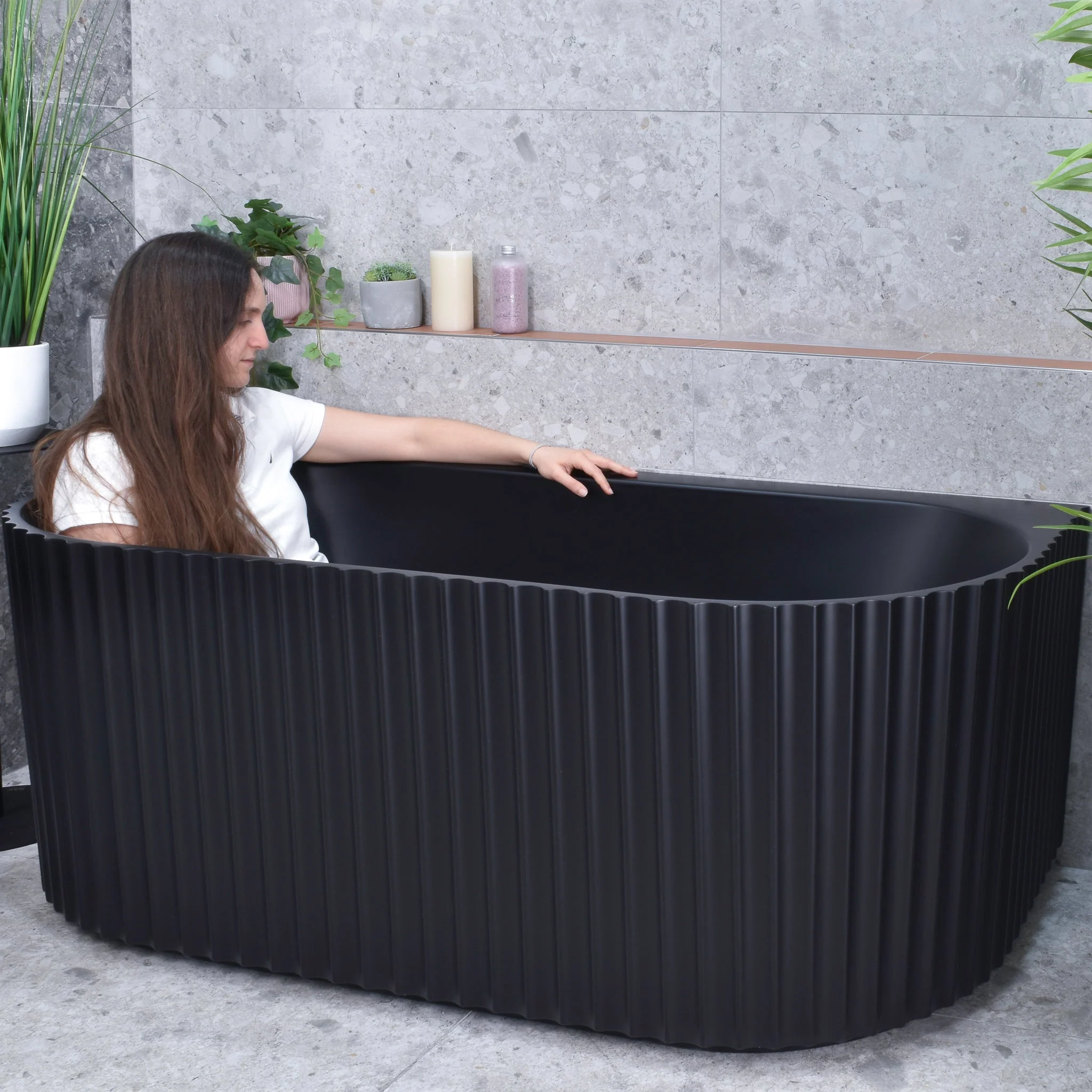 Agora Groove 1700mm Fluted Oval Freestanding Back to Wall Bath, Matte Black - Image 2