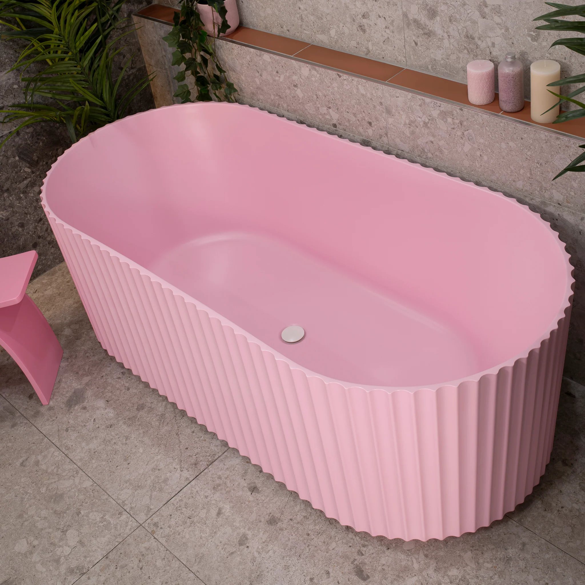 Agora Groove 1700mm Fluted Oval Freestanding Bath, Matte Pink - SPECIAL EDITION - Image 2