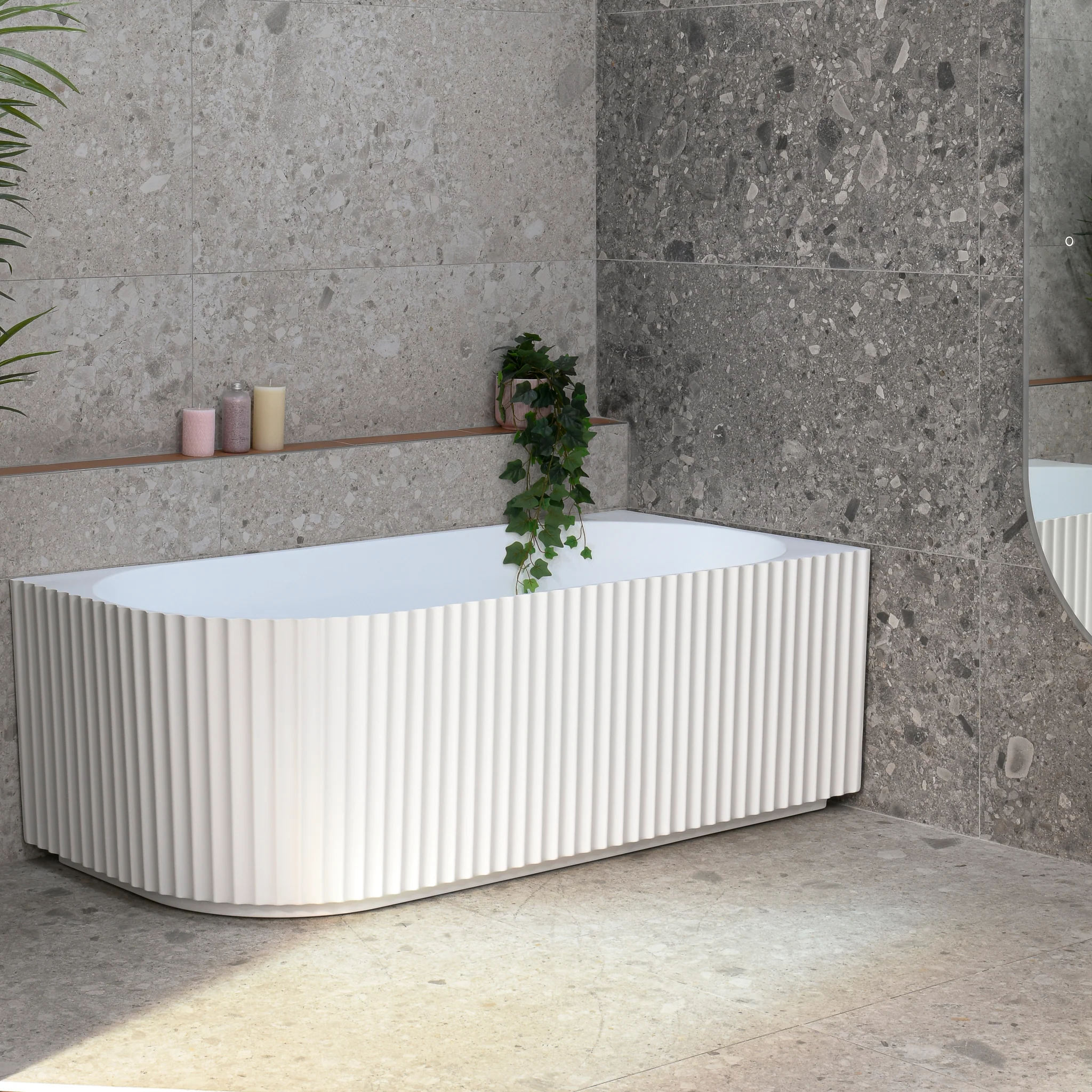 Agora Groove 1700mm Fluted Right Corner Freestanding Bath, Matte White - Image 2