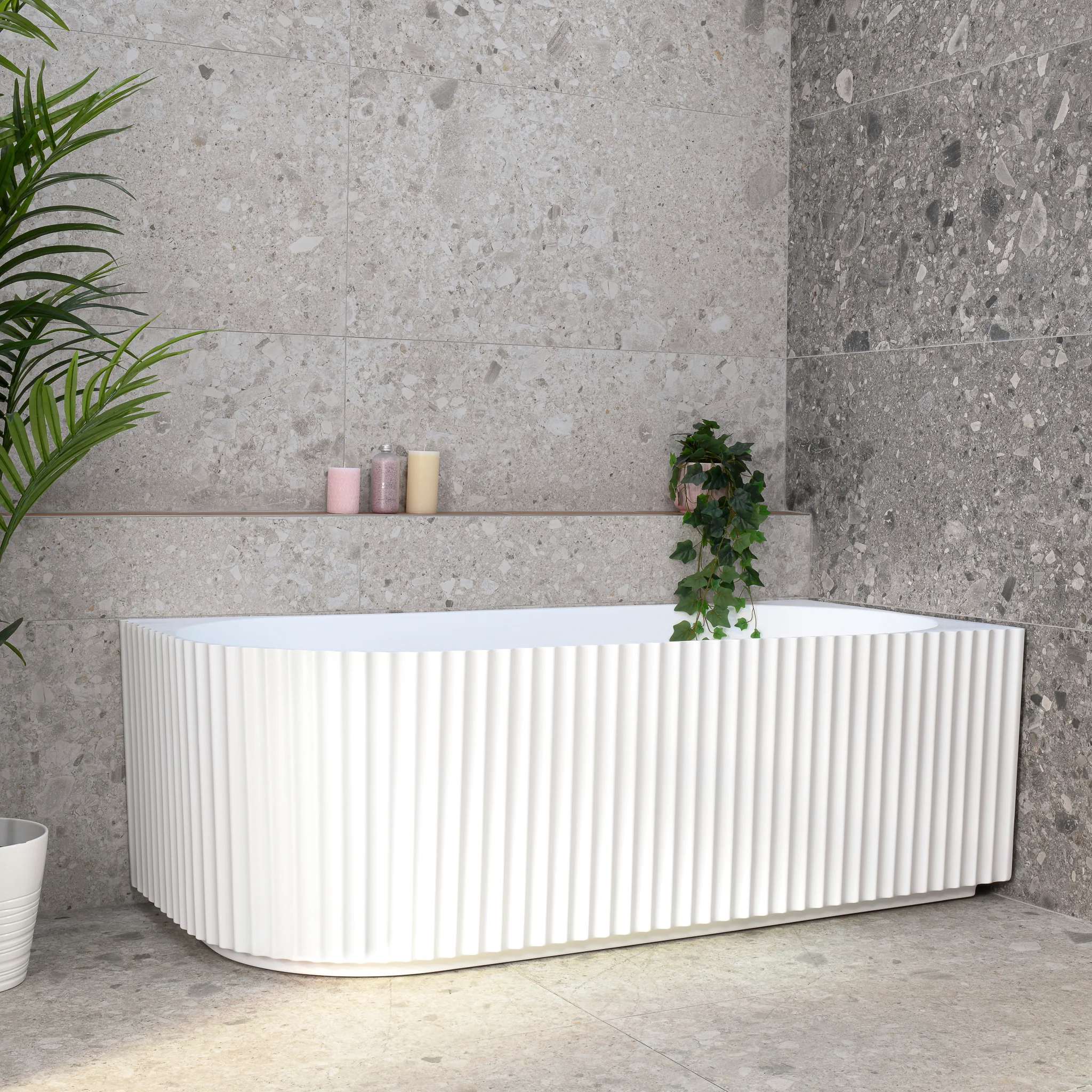 Agora Groove 1700mm Fluted Right Corner Freestanding Bath, Matte White - Image 4