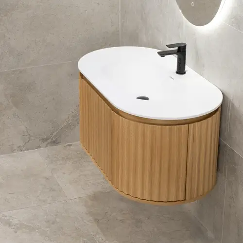 *Clearance* Apri Oval 1000mm Fluted Vanity Cabinet with Single Bowl Artificial Stone Top, Light Oak - Image 3