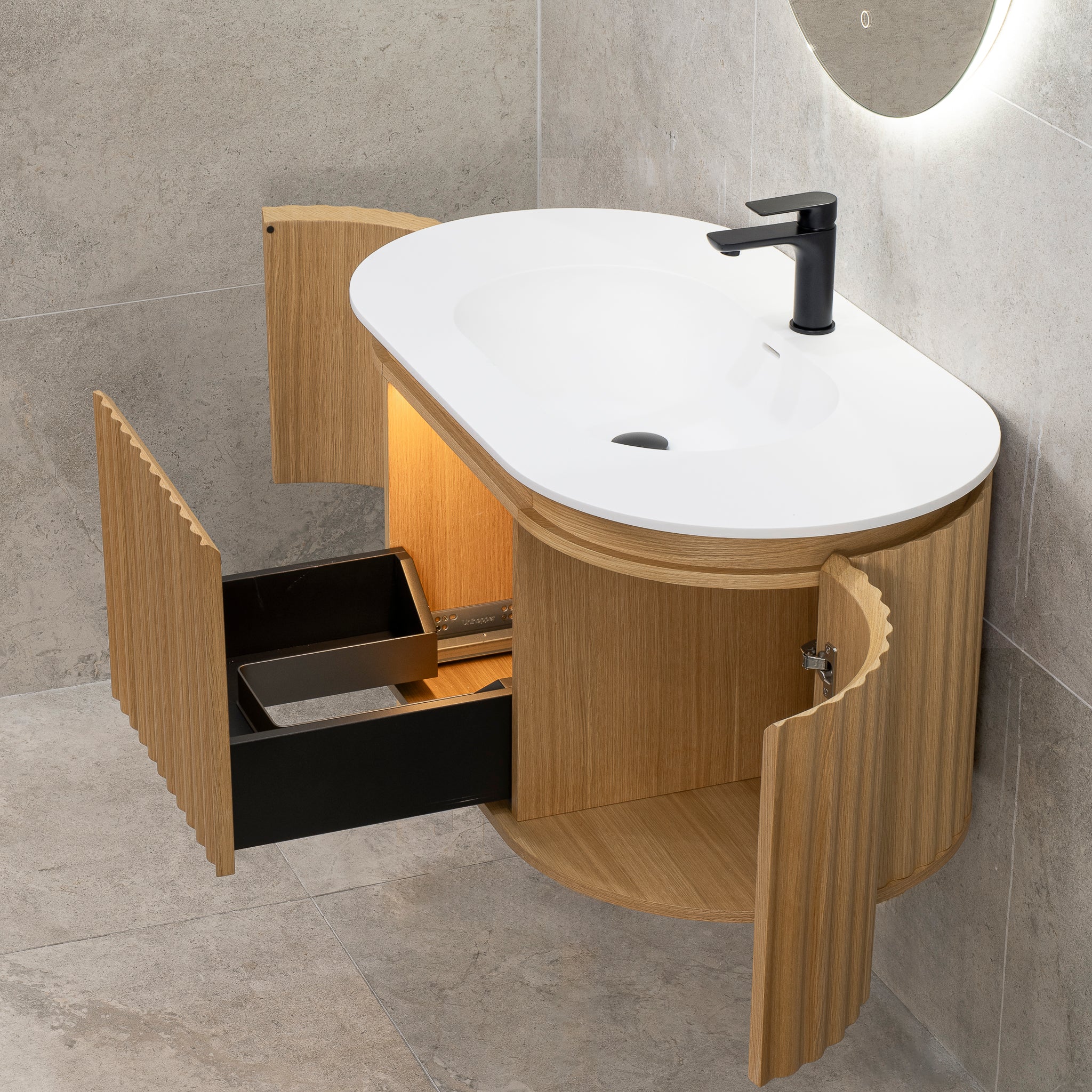 *Clearance* Apri Oval 1000mm Fluted Vanity Cabinet with Single Bowl Artificial Stone Top, Light Oak - Image 4
