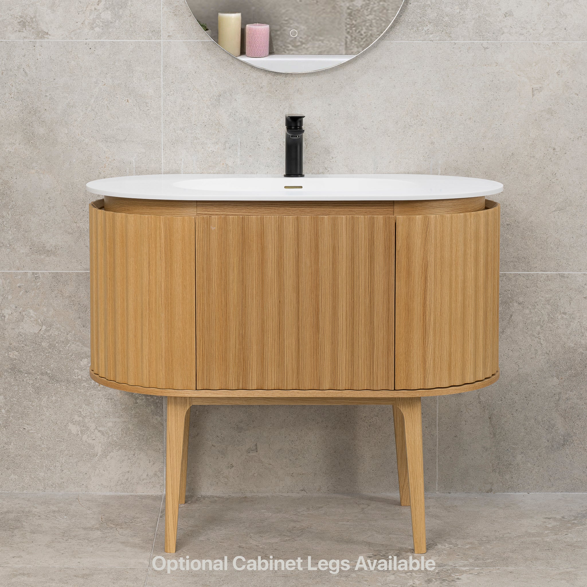 *Clearance* Apri Oval 1000mm Fluted Vanity Cabinet with Single Bowl Artificial Stone Top, Light Oak - Image 6