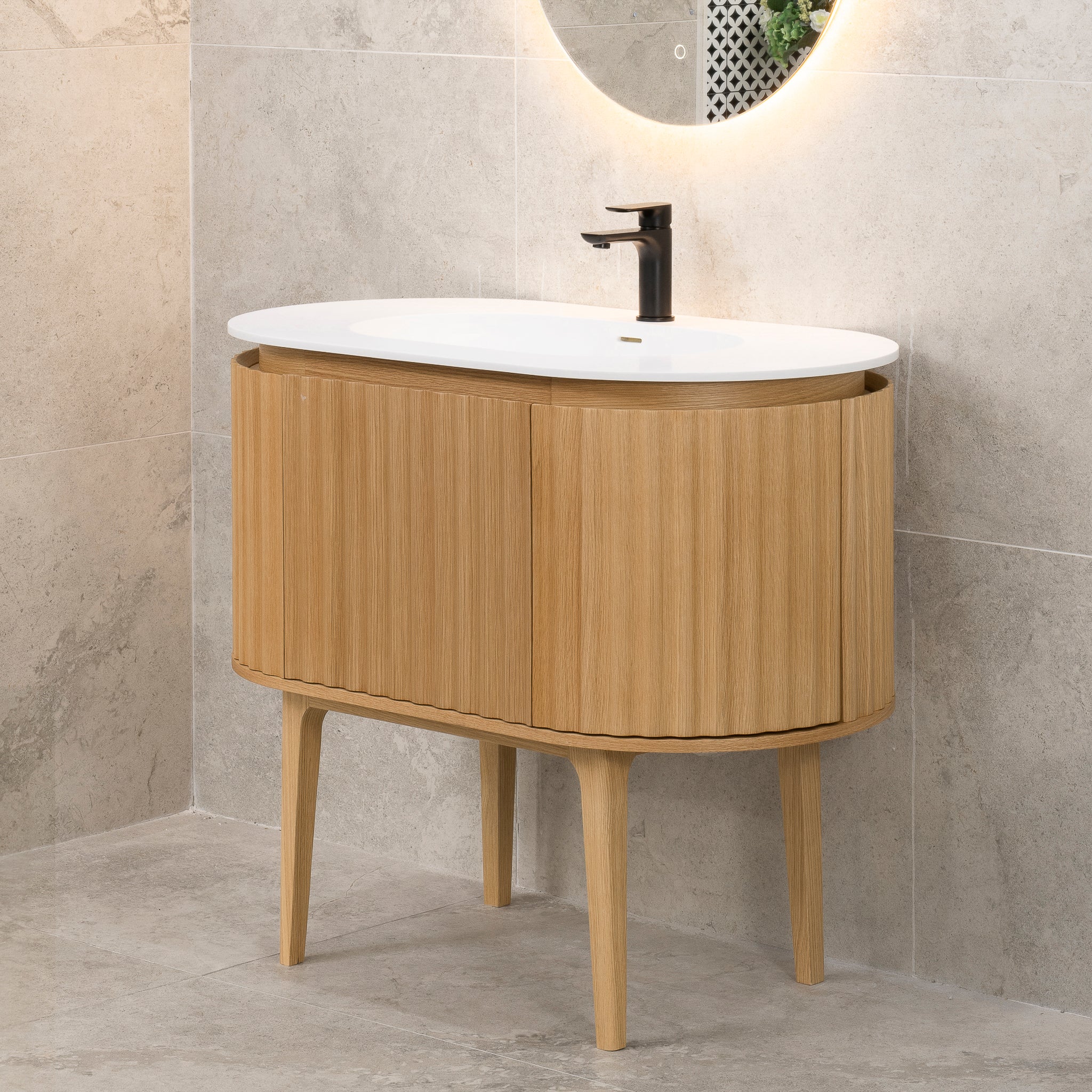 *Clearance* Apri Oval 1000mm Fluted Vanity Cabinet with Single Bowl Artificial Stone Top, Light Oak - Image 7