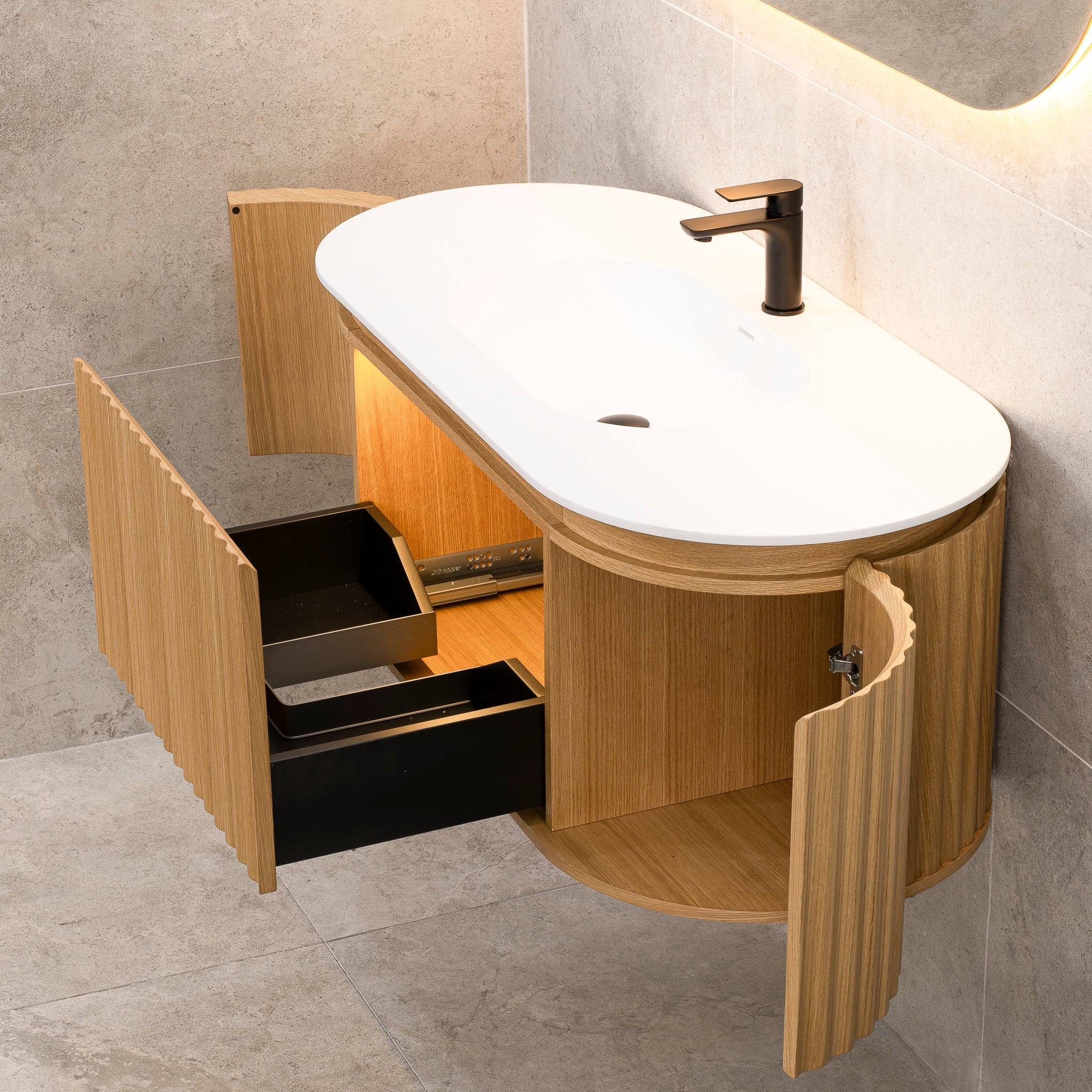 *Clearance* Apri Oval 1200mm Fluted Vanity Cabinet with Single Bowl Artificial Stone Top, Light Oak - Image 4