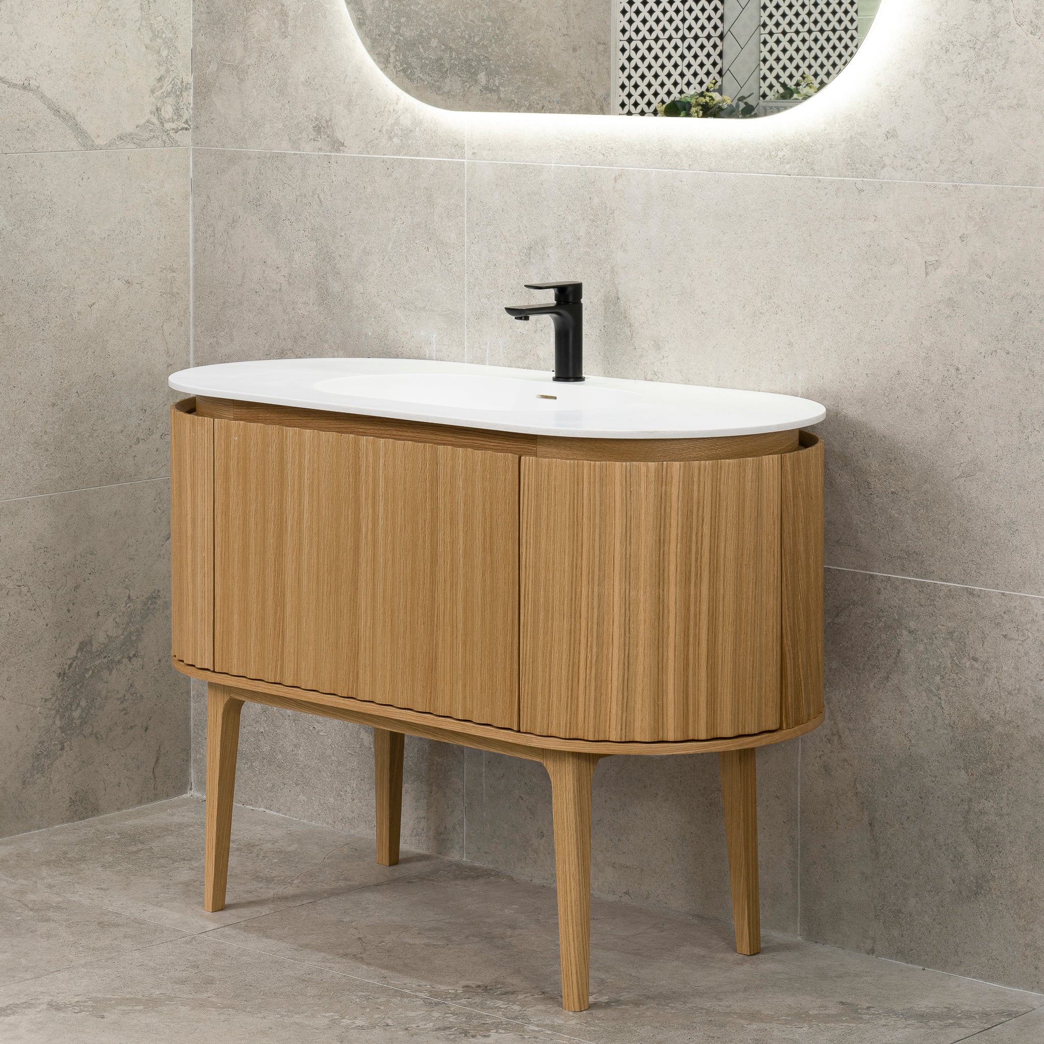 *Clearance* Apri Oval 1200mm Fluted Vanity Cabinet with Single Bowl Artificial Stone Top, Light Oak - Image 7