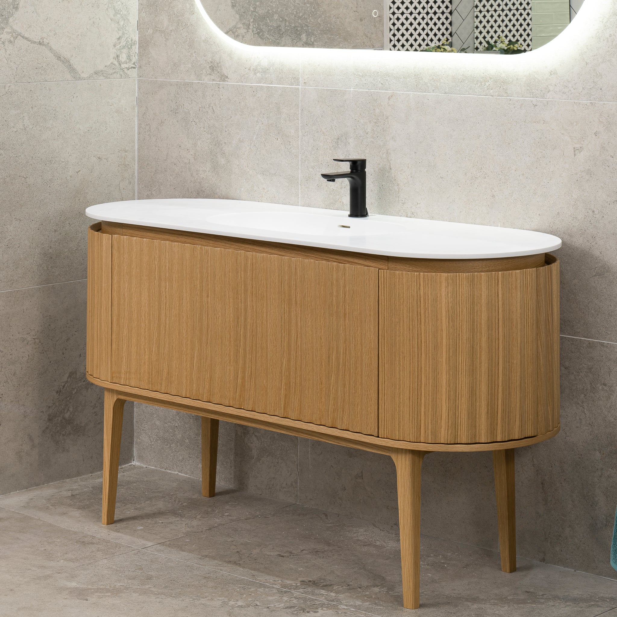*Clearance* Apri Oval 1500mm Fluted Vanity Cabinet with Single Bowl Artificial Stone Top, Light Oak - Image 8