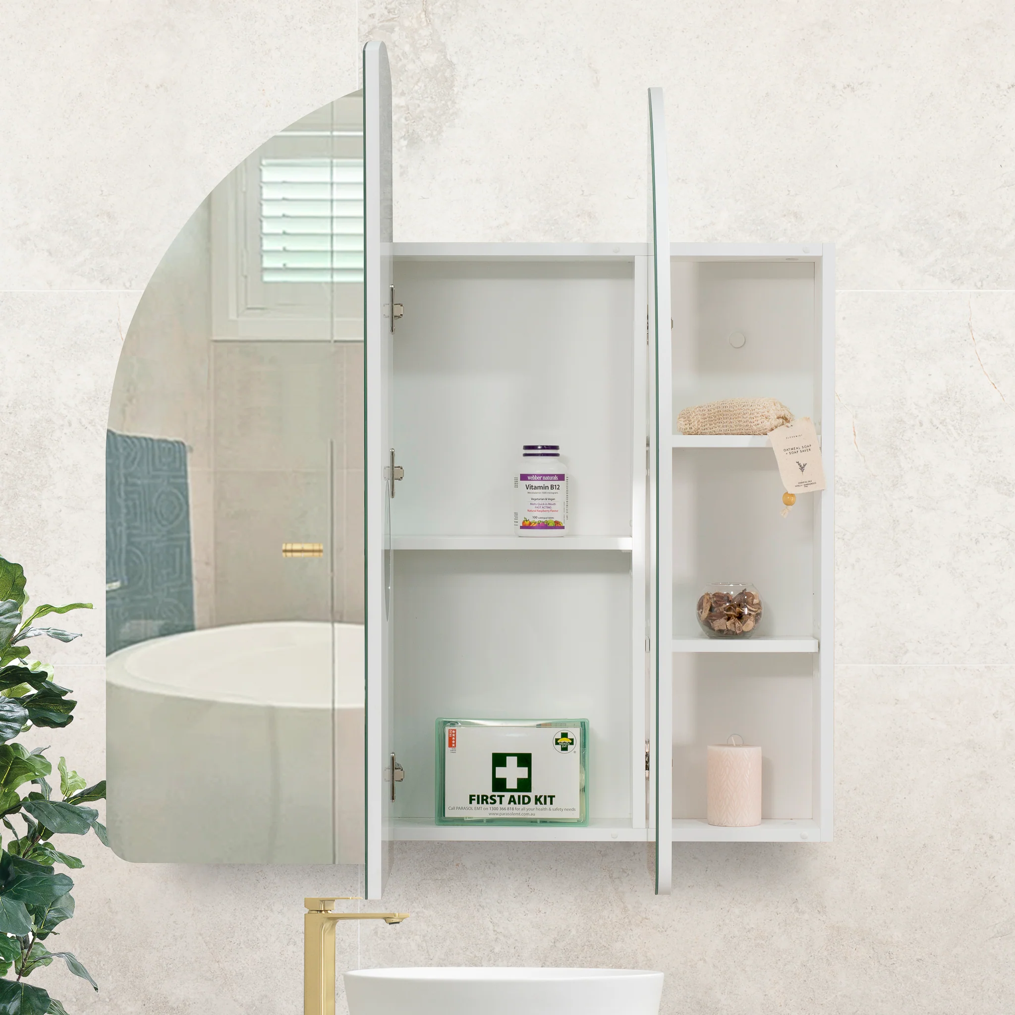 Arco Arch 1000mm x 1000mm Mirrored Shaving Cabinet, Matte White - Image 5