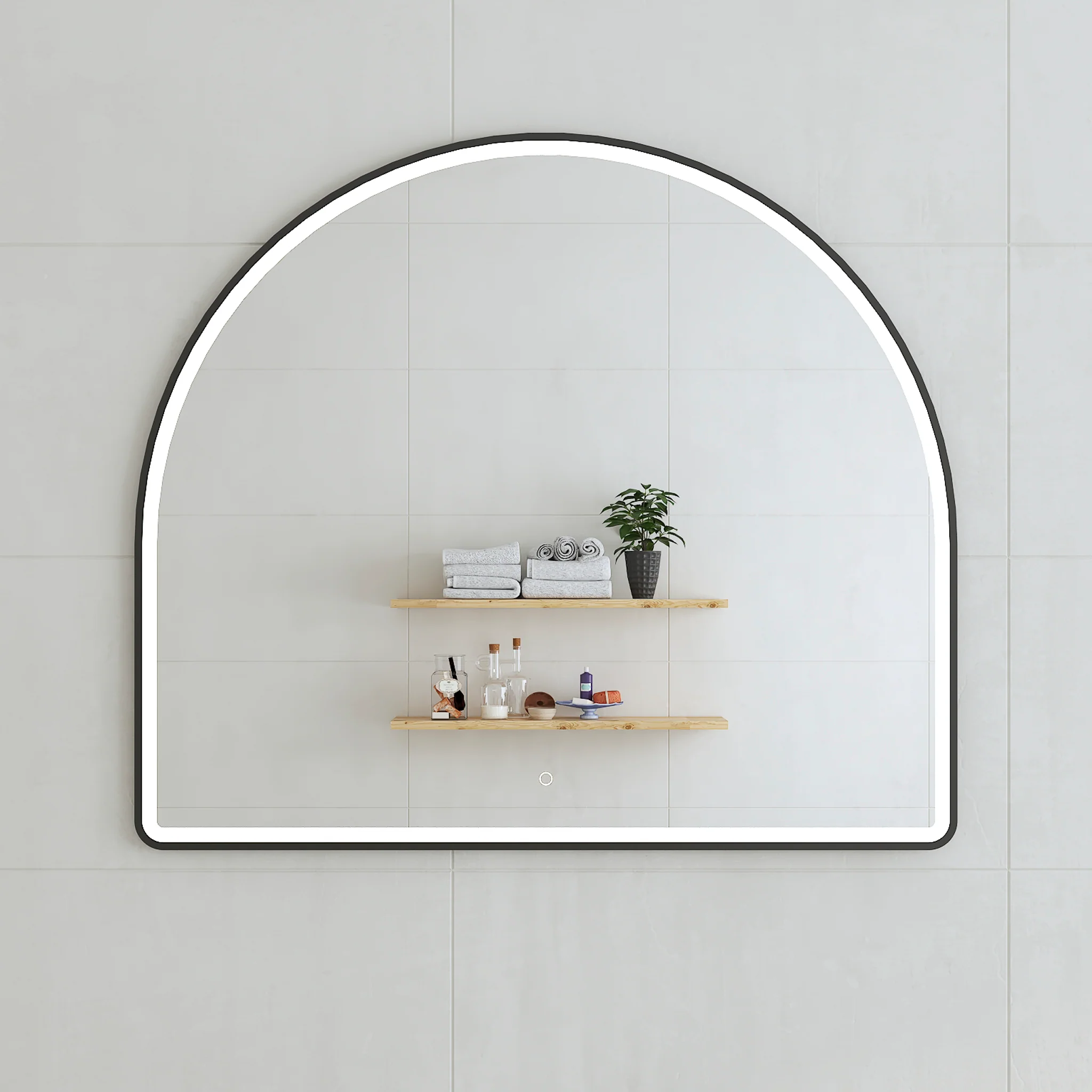 *Clearance* Arco Arch 1150mm x 1000mm Frontlit LED Framed Mirror with Demister, Matte Black Frame