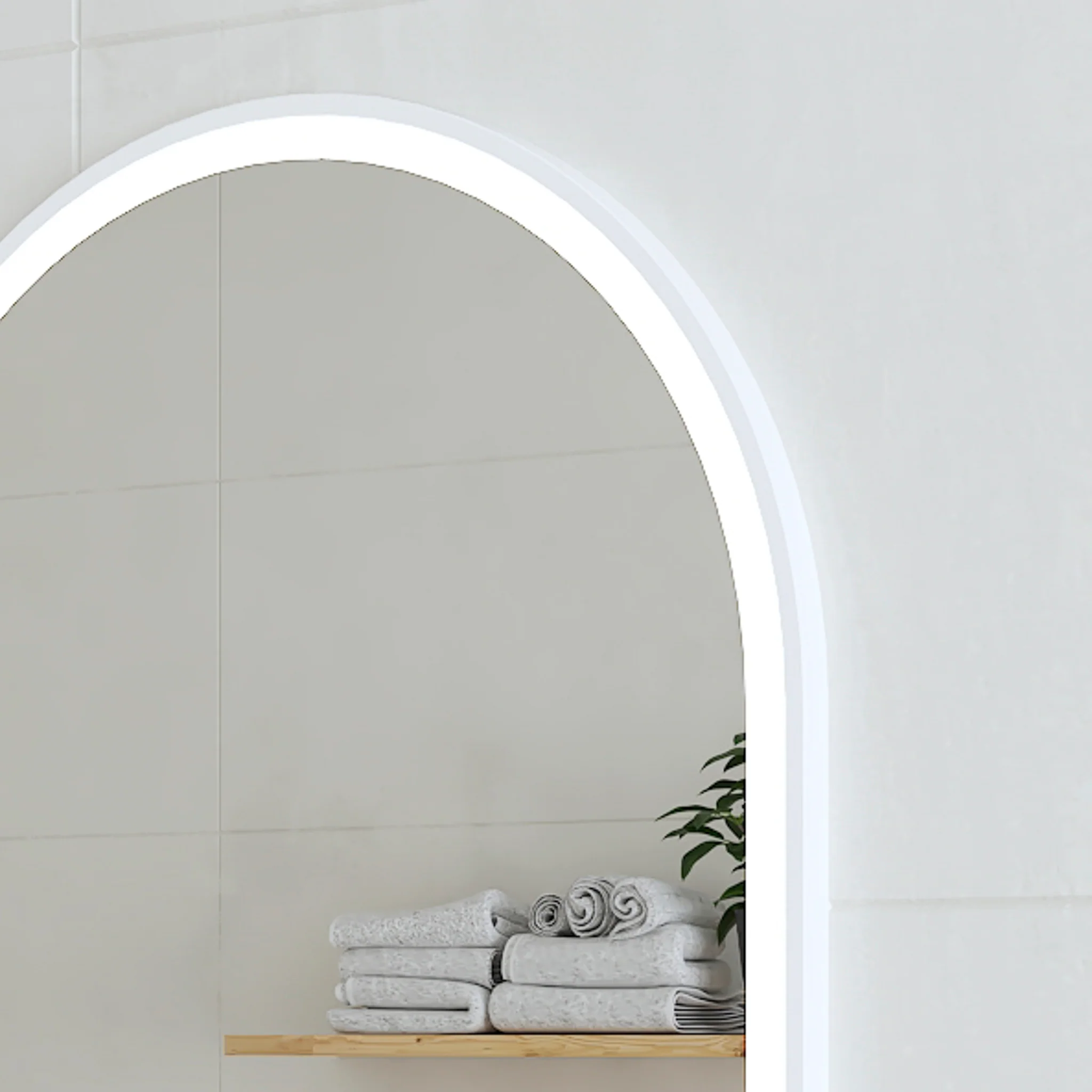 *Clearance* Arco Arch 1150mm x 1000mm Frontlit LED Framed Mirror with Demister, Matte White Frame - Image 3
