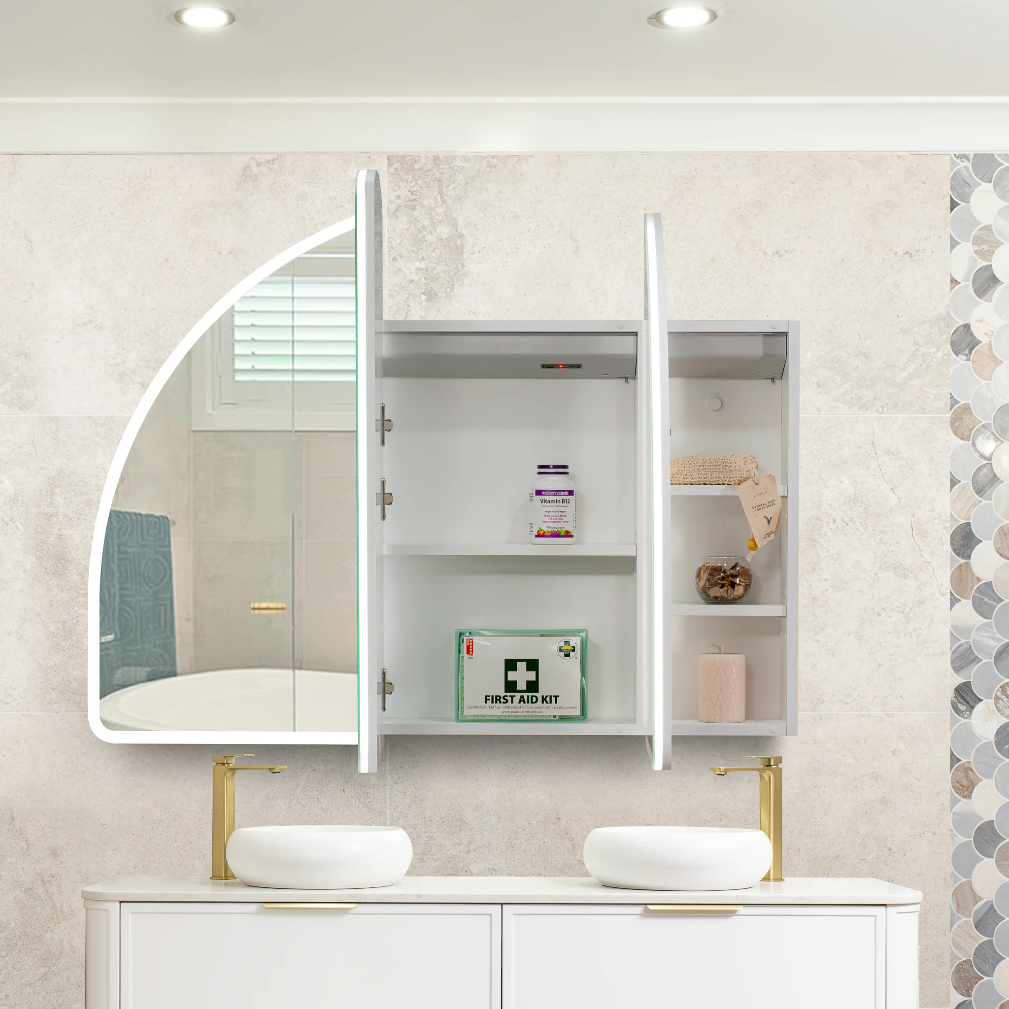 Arco Arch 1200mm x 800mm Frontlit LED Mirrored Shaving Cabinet, Matte White - Image 4