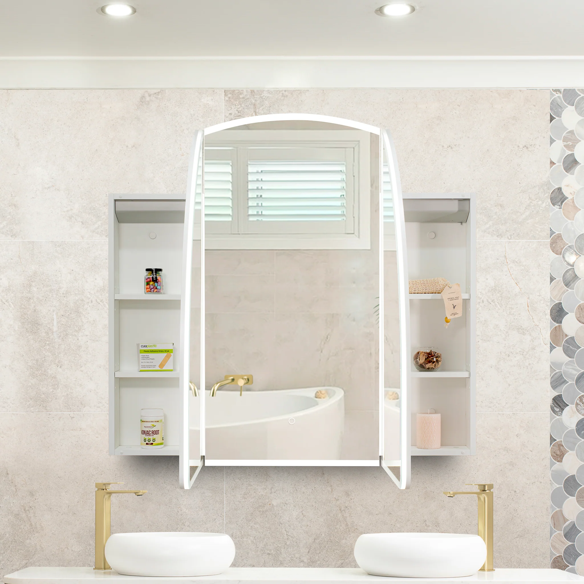 Arco Arch 1500mm x 1000mm Frontlit LED Mirrored Shaving Cabinet, Matte White - Image 2