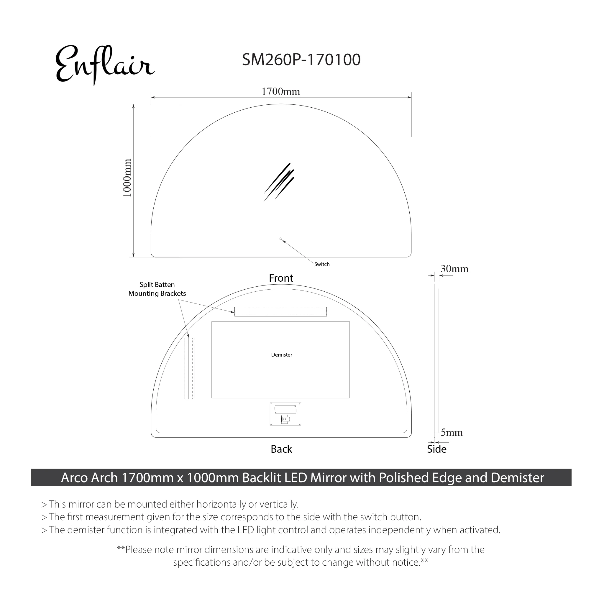 Arco Arch 1700mm x 1000mm Backlit LED Frameless Mirror with Polished Edge and Demister - Image 3