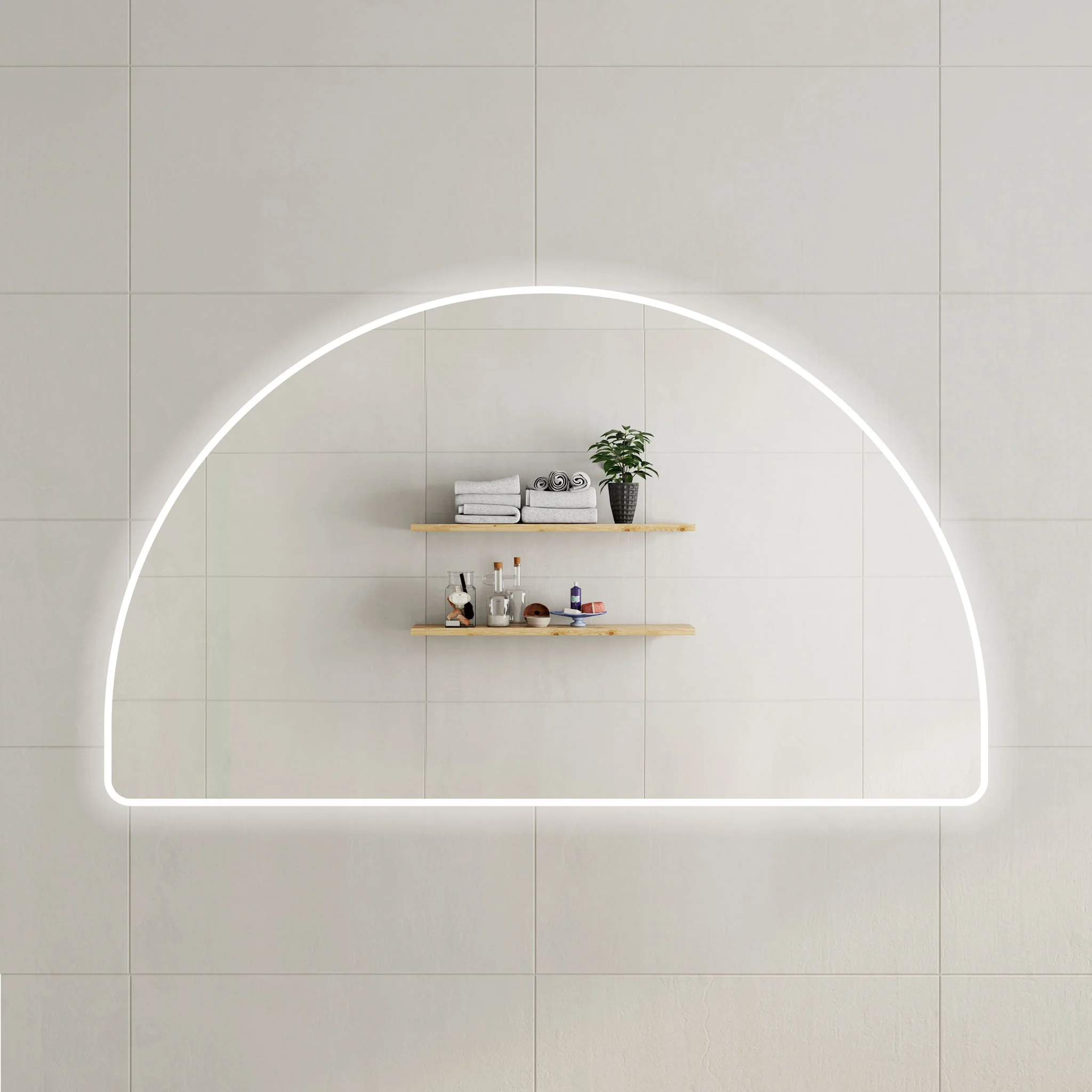 Arco Arch 1700mm x 1000mm Frontlit and Backlit LED Frameless Mirror with Frosted Glass Border and Demister