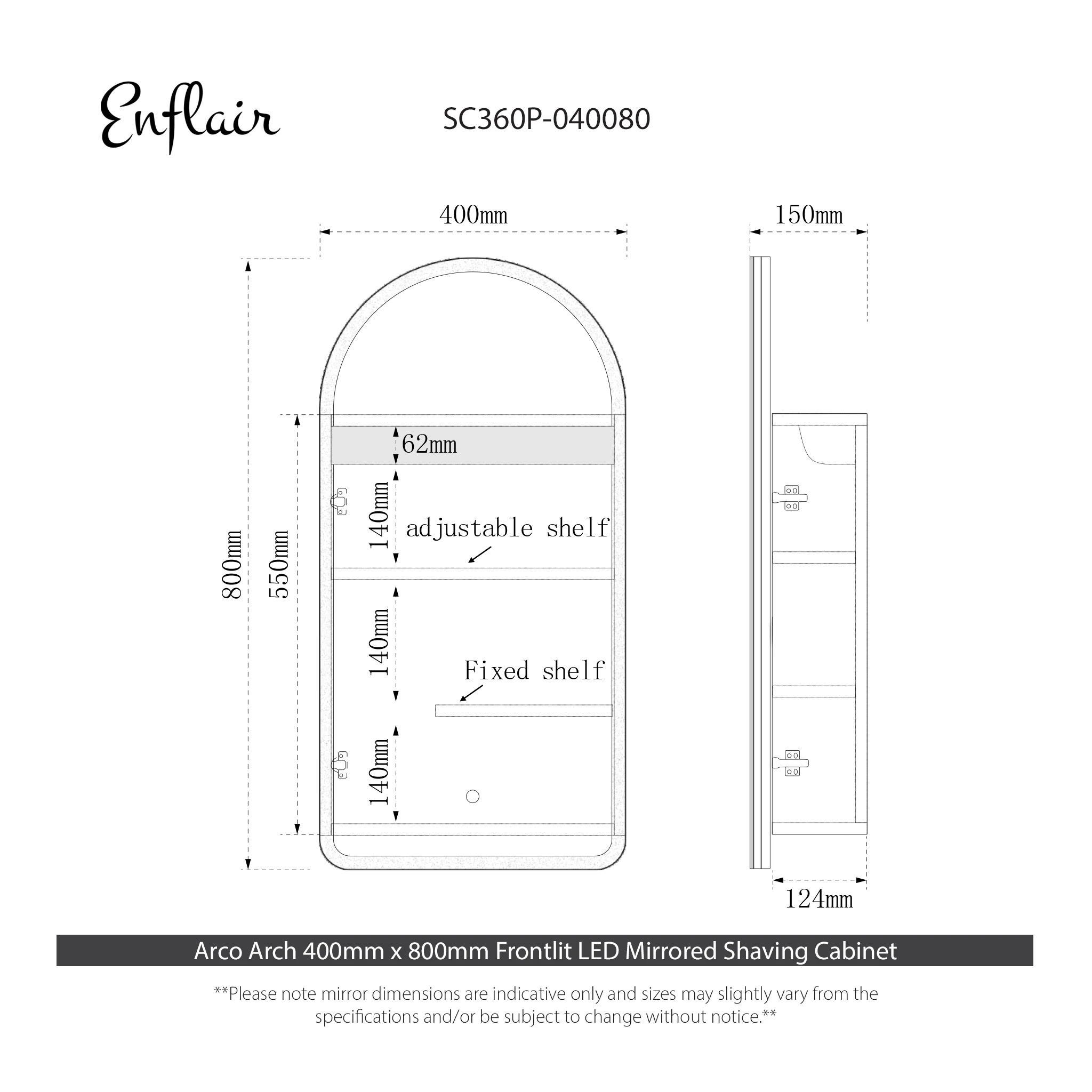 Arco Arch 400mm x 800mm Frontlit LED Mirrored Shaving Cabinet, Matte White - Image 9