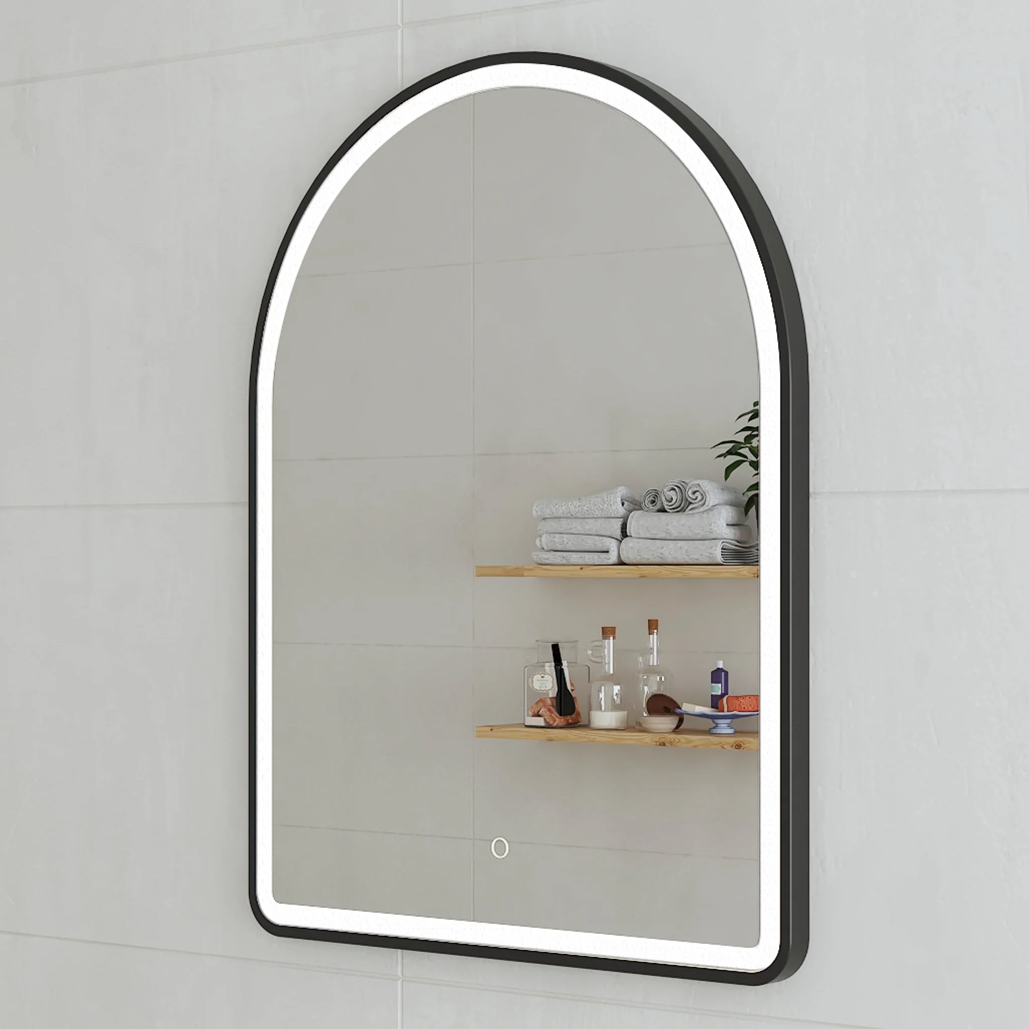 *Clearance* Arco Arch 500mm x 1000mm Frontlit Frontlit and Backlit LED Frameless Mirror with Matte Black Frame and Demister - Image 2