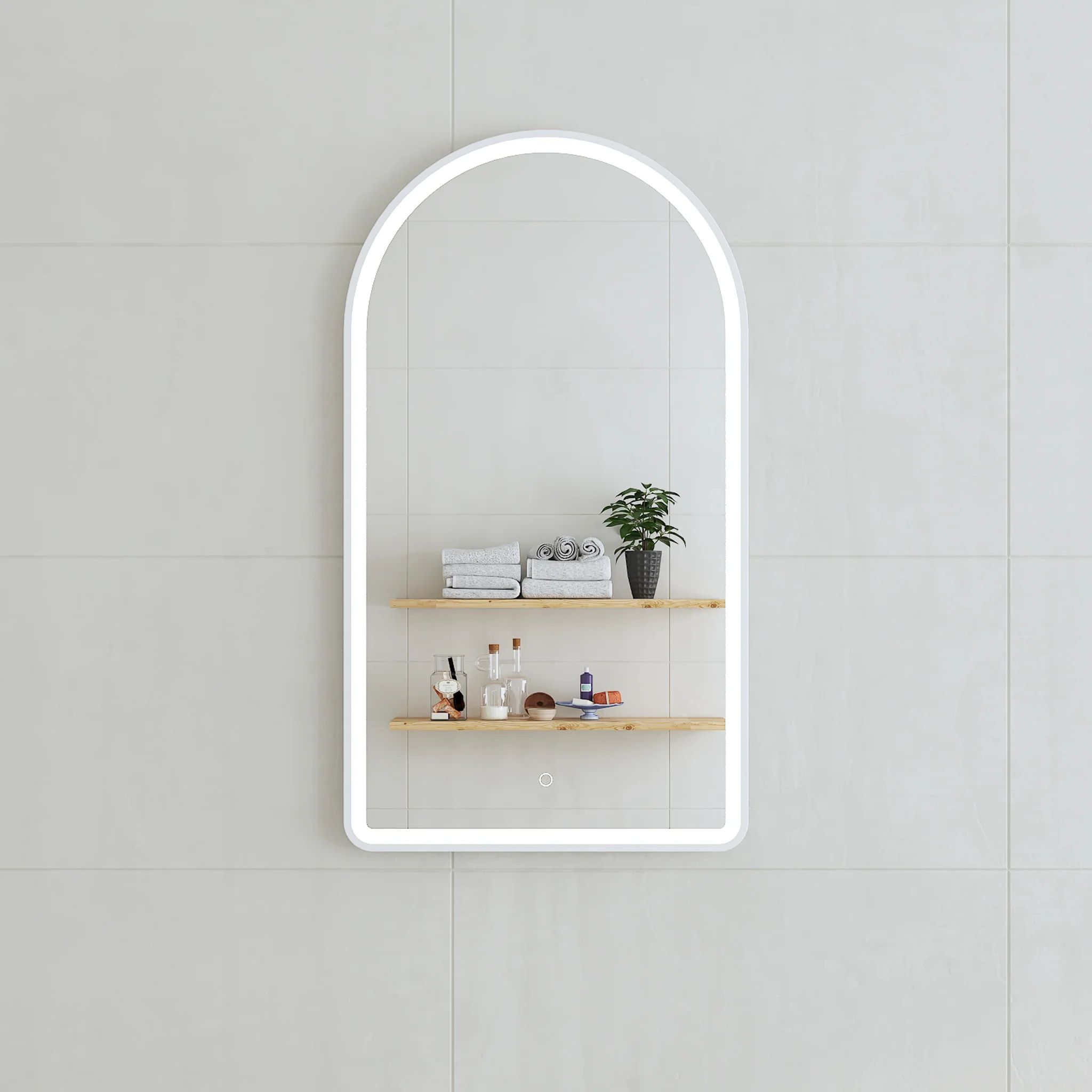 *Clearance* Arco Arch 500mm x 1000mm Frontlit LED Framed Mirror with Demister, Matte White Frame