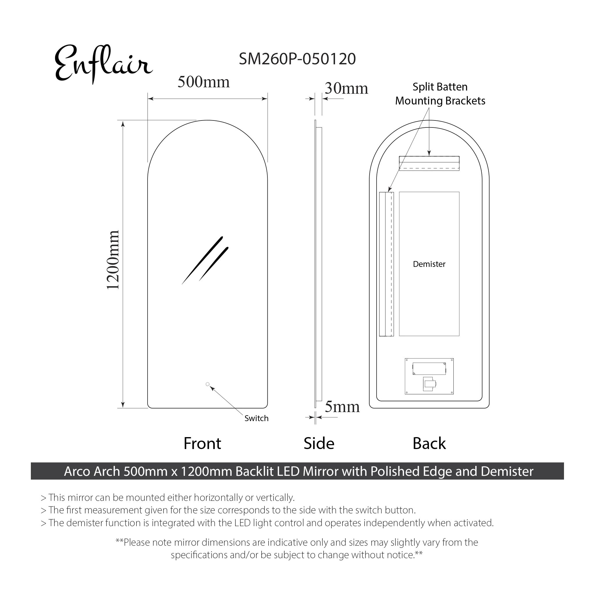 Arco Arch 500mm x 1200mm Backlit LED Frameless Mirror with Polished Edge and Demister - Image 3