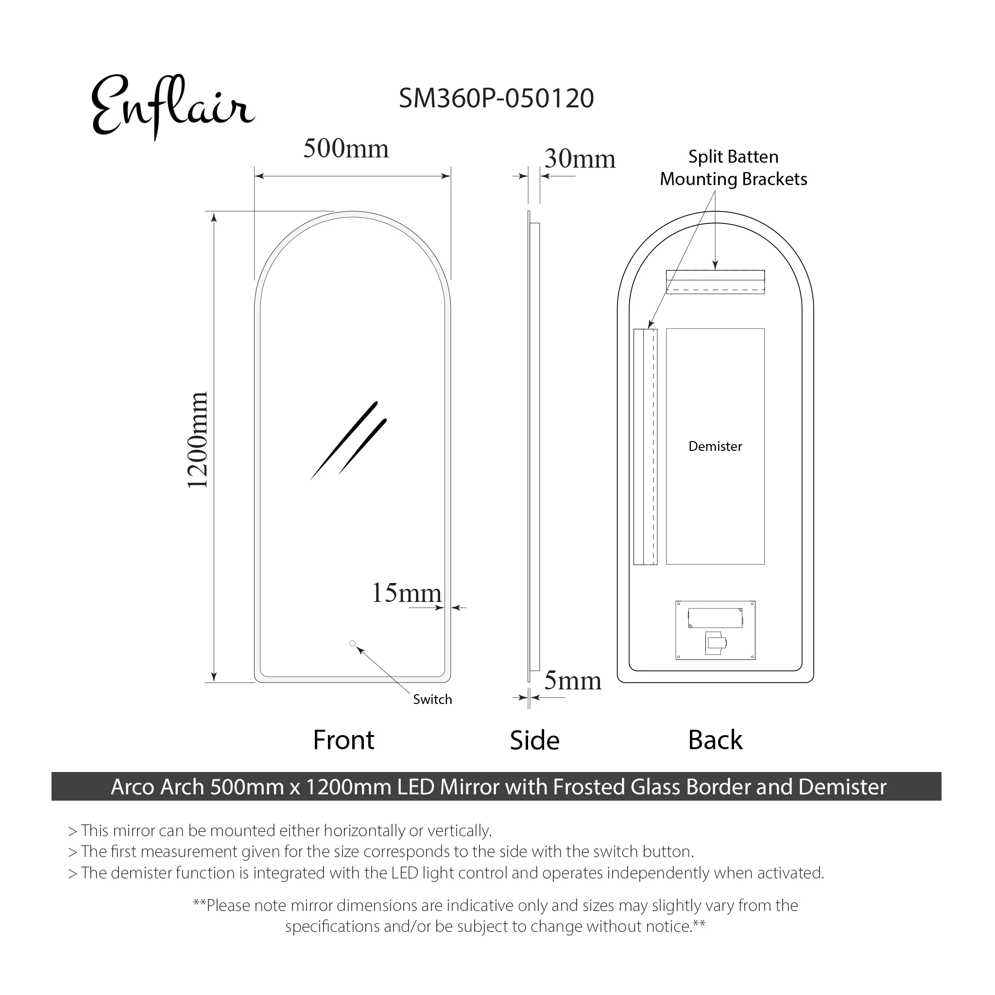 Arco Arch 500mm x 1200mm Frontlit and Backlit LED Frameless Mirror with Frosted Glass Border and Demister - Image 3