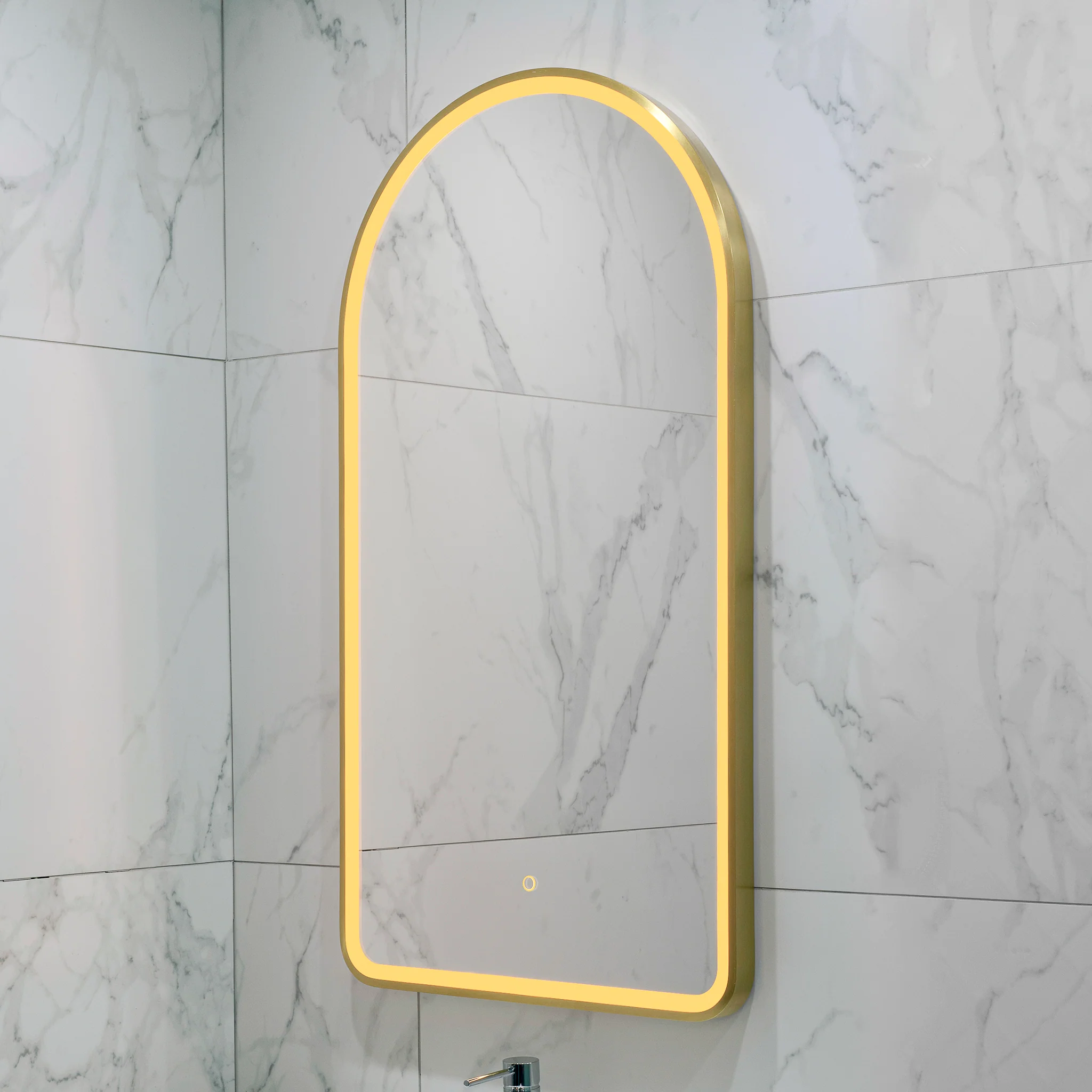 Arco Arch 550mm x 1000mm Frontlit LED Framed Mirror with Demister, Brushed Brass (Gold) Frame - Image 10