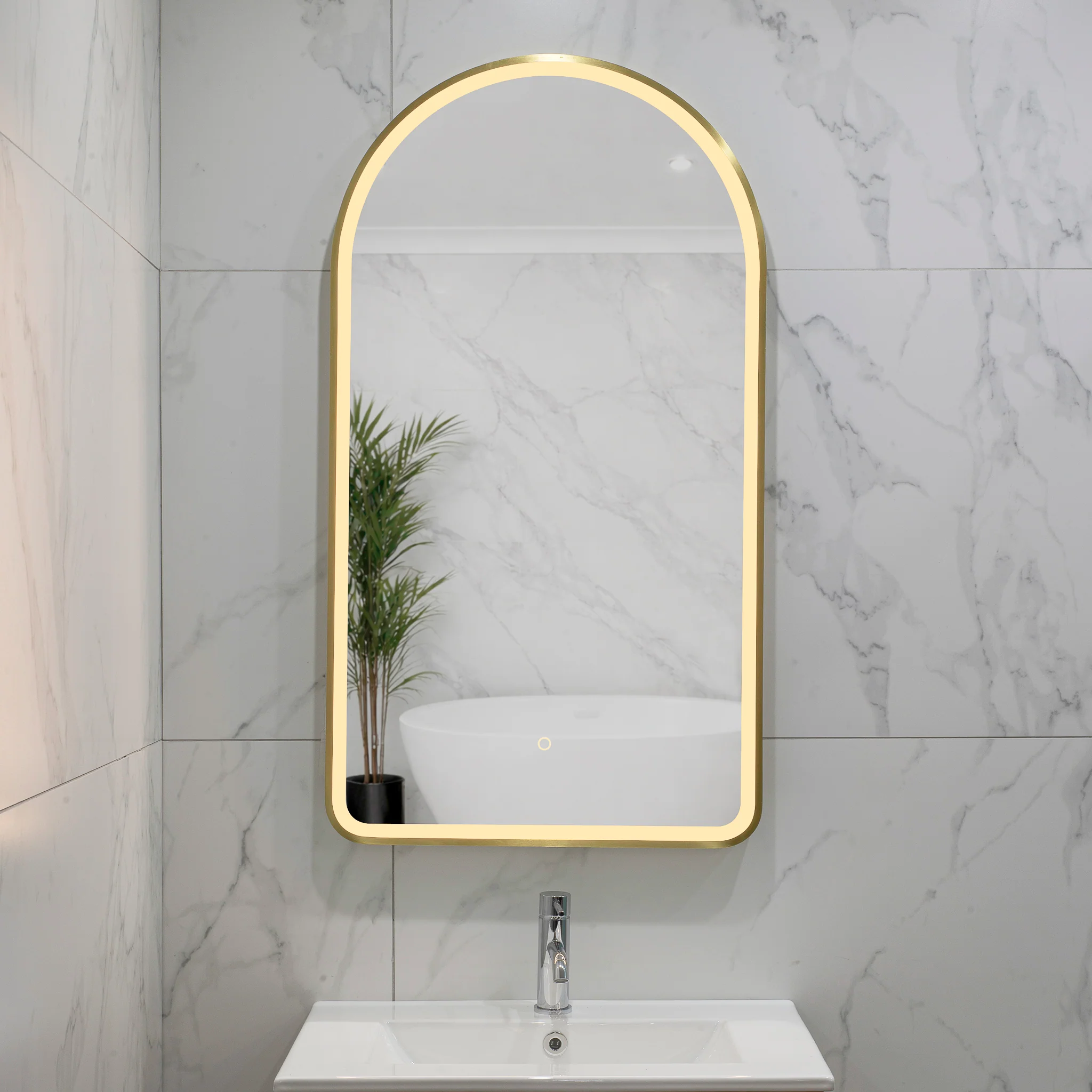 Arco Arch 550mm x 1000mm Frontlit LED Framed Mirror with Demister, Brushed Brass (Gold) Frame - Image 2