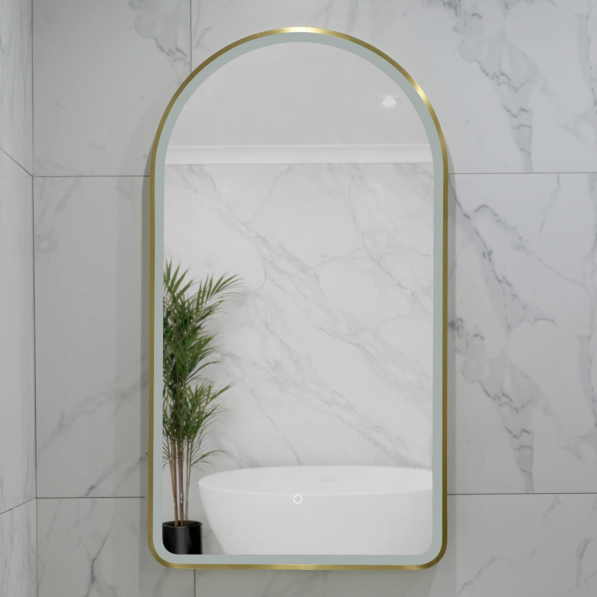 Arco Arch 550mm x 1000mm Frontlit LED Framed Mirror with Demister, Brushed Brass (Gold) Frame - Image 4