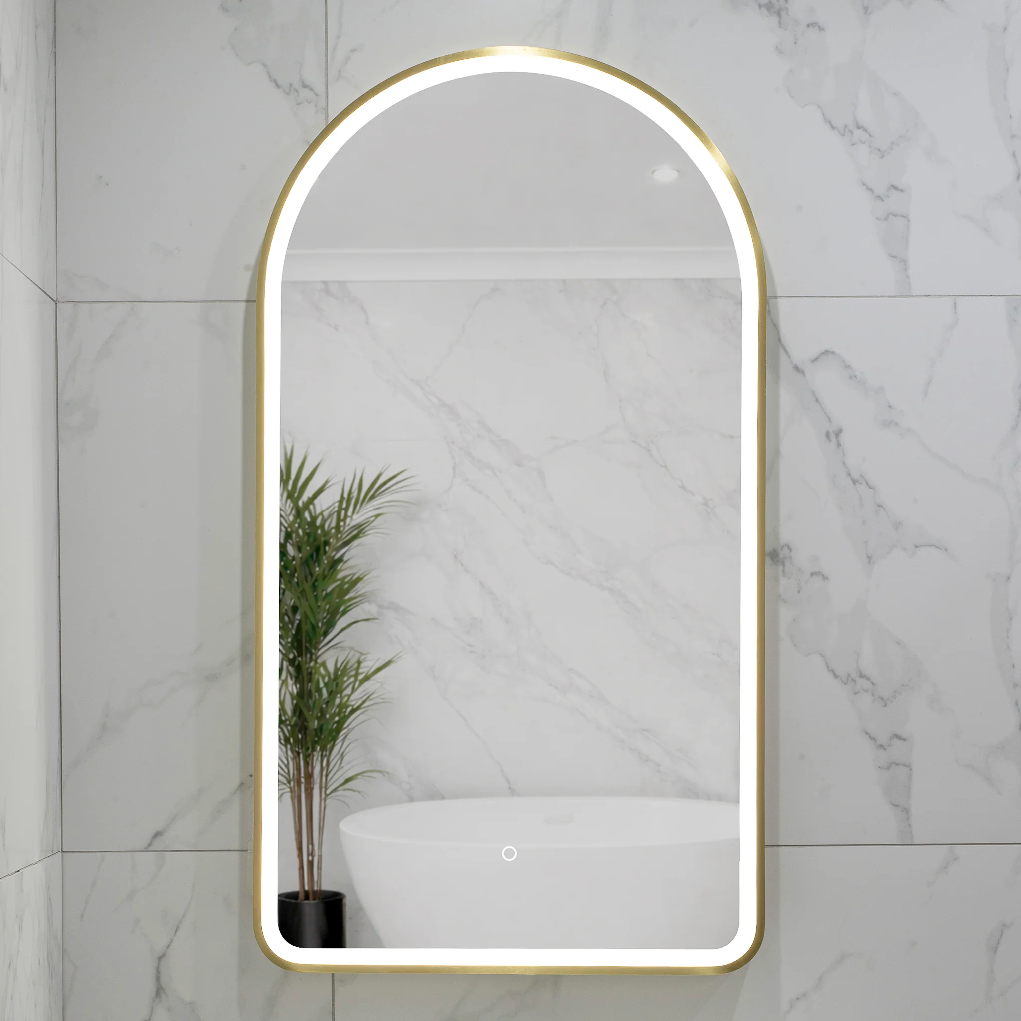 Arco Arch 550mm x 1000mm Frontlit LED Framed Mirror with Demister, Brushed Brass (Gold) Frame - Image 5