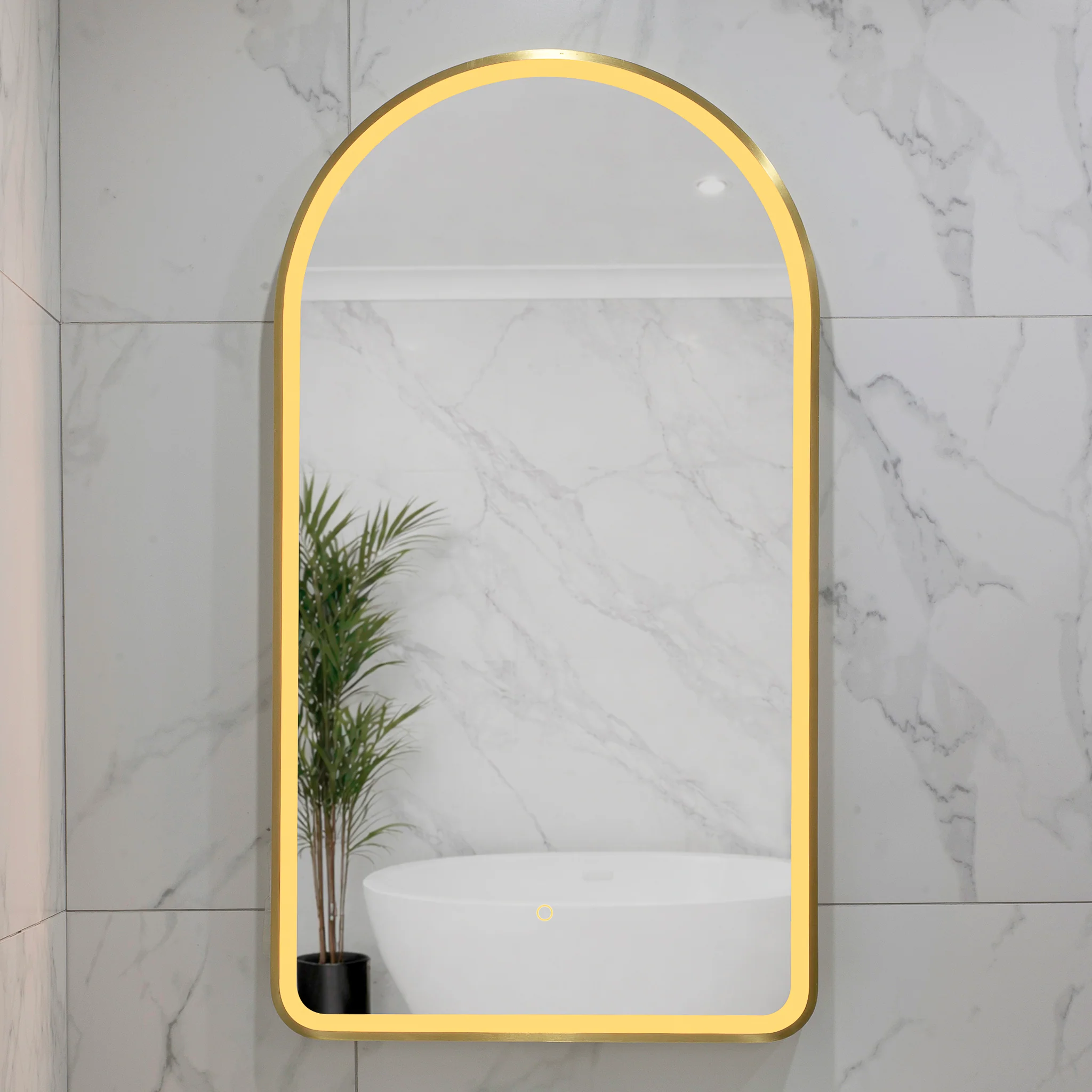Arco Arch 550mm x 1000mm Frontlit LED Framed Mirror with Demister, Brushed Brass (Gold) Frame - Image 6