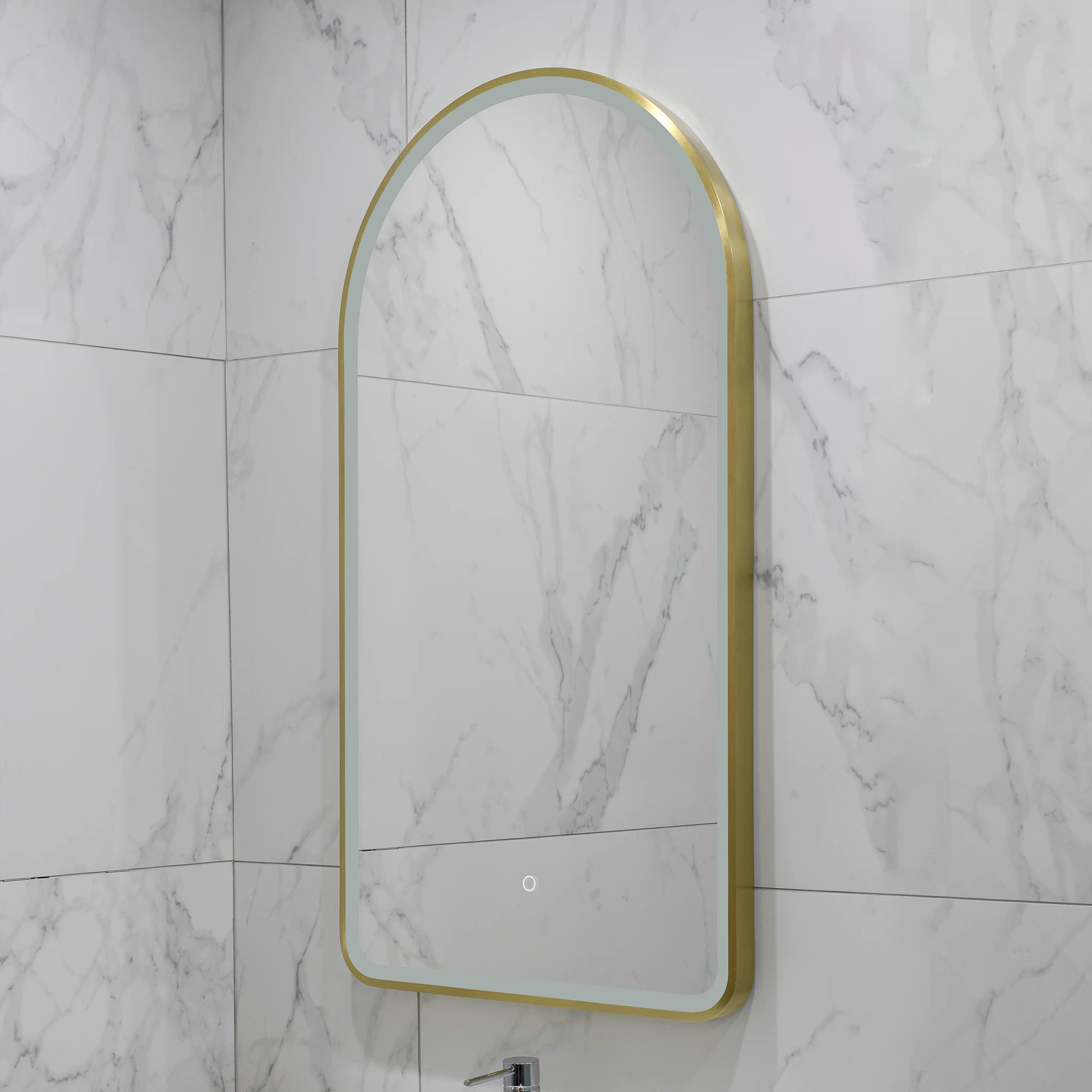 Arco Arch 550mm x 1000mm Frontlit LED Framed Mirror with Demister, Brushed Brass (Gold) Frame - Image 7