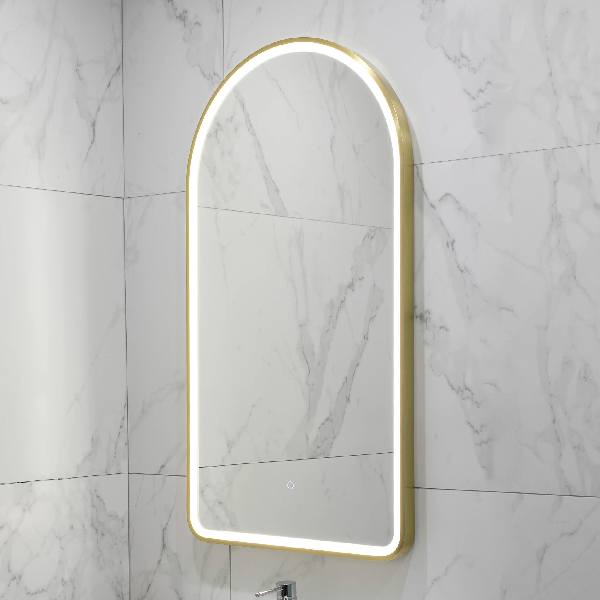 Arco Arch 550mm x 1000mm Frontlit LED Framed Mirror with Demister, Brushed Brass (Gold) Frame - Image 8