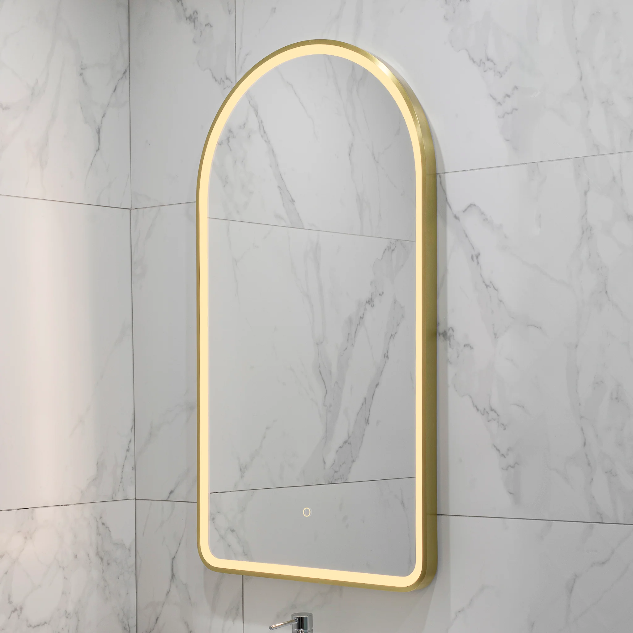 Arco Arch 550mm x 1000mm Frontlit LED Framed Mirror with Demister, Brushed Brass (Gold) Frame - Image 9