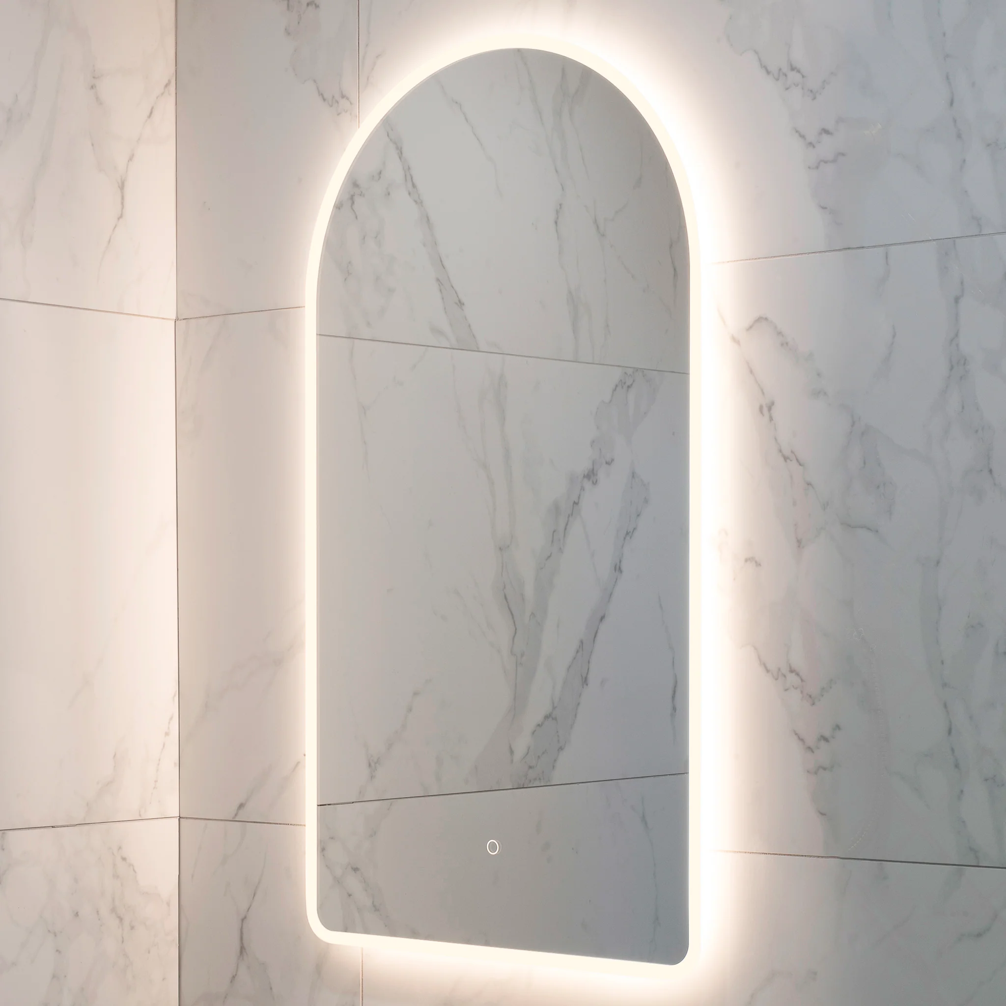 Arco Arch 550mm x 1000mm Frontlit and Backlit LED Frameless Mirror with Frosted Glass Border and Demister - Image 10