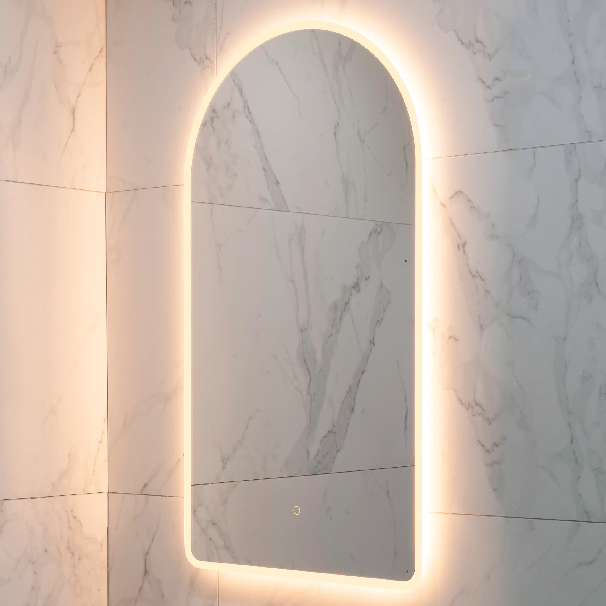 Arco Arch 550mm x 1000mm Frontlit and Backlit LED Frameless Mirror with Frosted Glass Border and Demister - Image 12