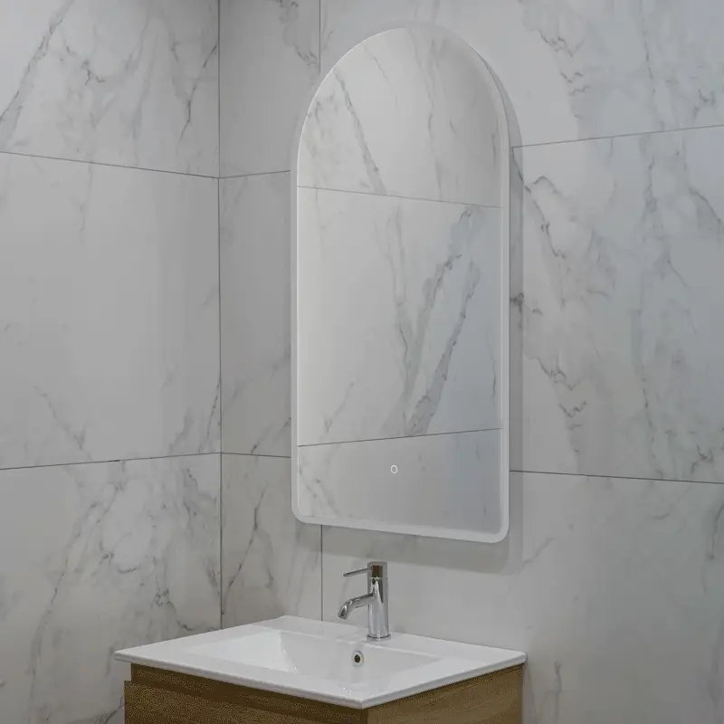 Arco Arch 550mm x 1000mm Frontlit and Backlit LED Frameless Mirror with Frosted Glass Border and Demister - Image 2