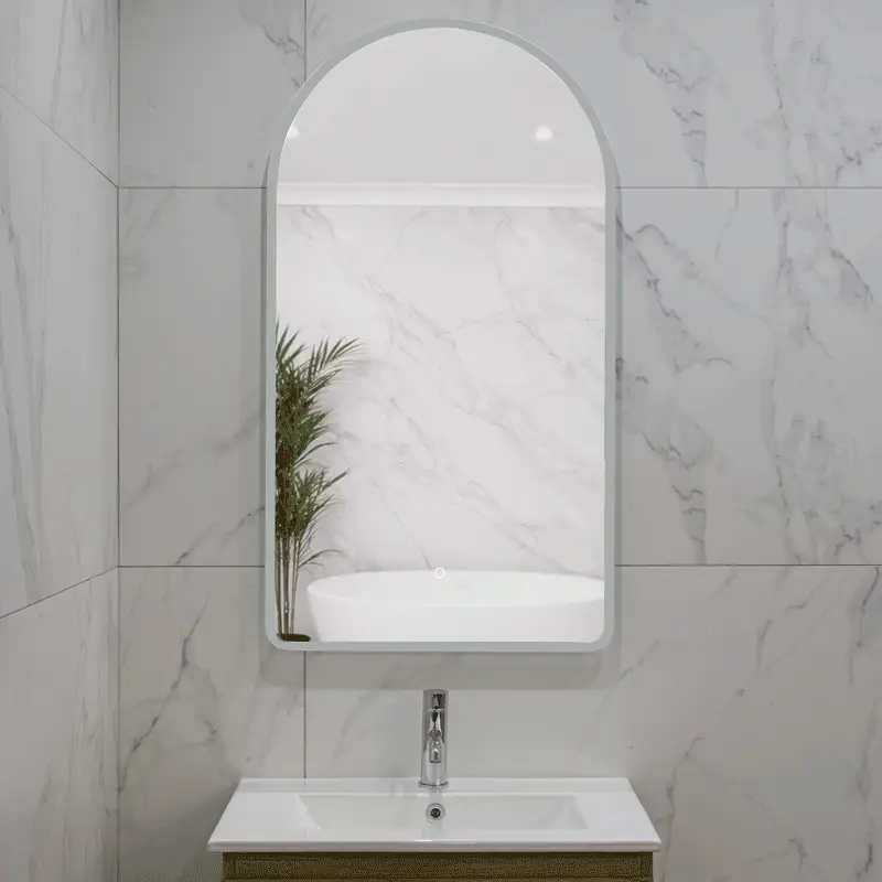 Arco Arch 550mm x 1000mm Frontlit and Backlit LED Frameless Mirror with Frosted Glass Border and Demister - Image 3