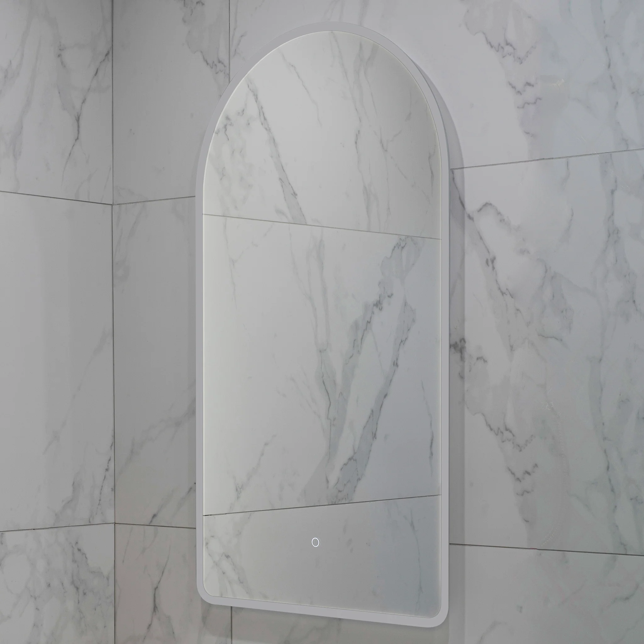 Arco Arch 550mm x 1000mm Frontlit and Backlit LED Frameless Mirror with Frosted Glass Border and Demister - Image 8