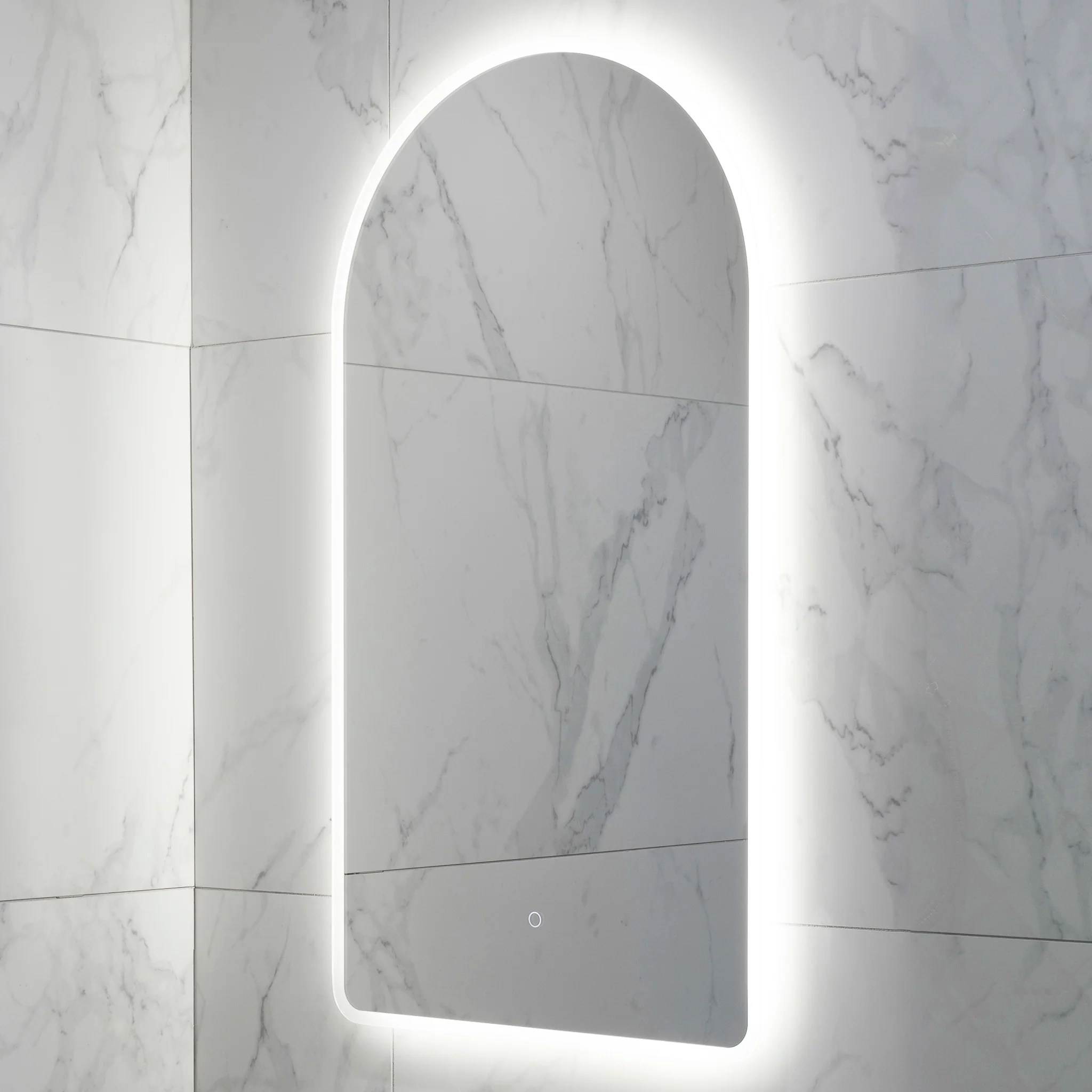 Arco Arch 550mm x 1000mm Frontlit and Backlit LED Frameless Mirror with Frosted Glass Border and Demister - Image 9