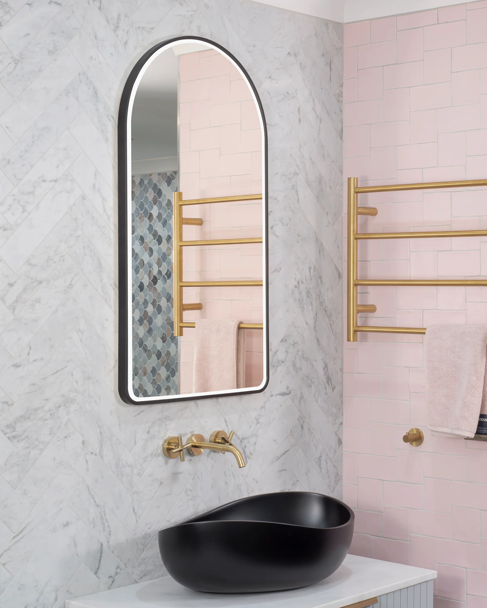 *Clearance* Arco Arch 600mm x 800mm Frontlit LED Framed Mirror with Demister, Brushed Brass (Gold) Frame - Image 3