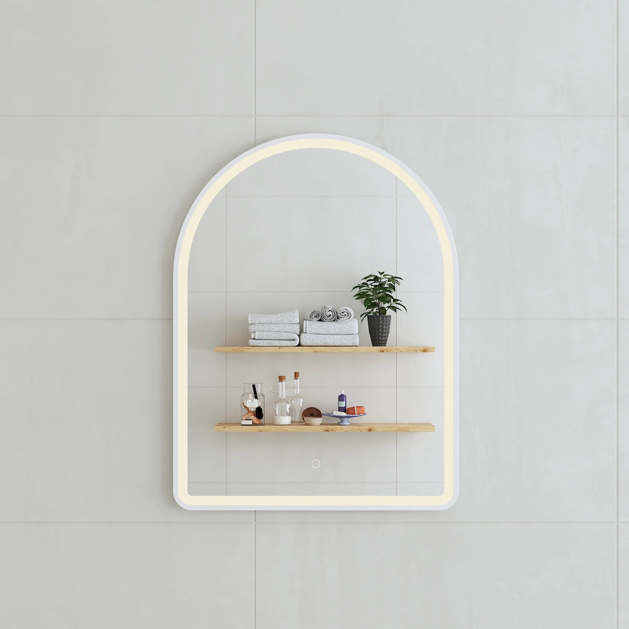 *Clearance* Arco Arch 600mm x 800mm Frontlit LED Framed Mirror with Demister, Matte White Frame - Image 2