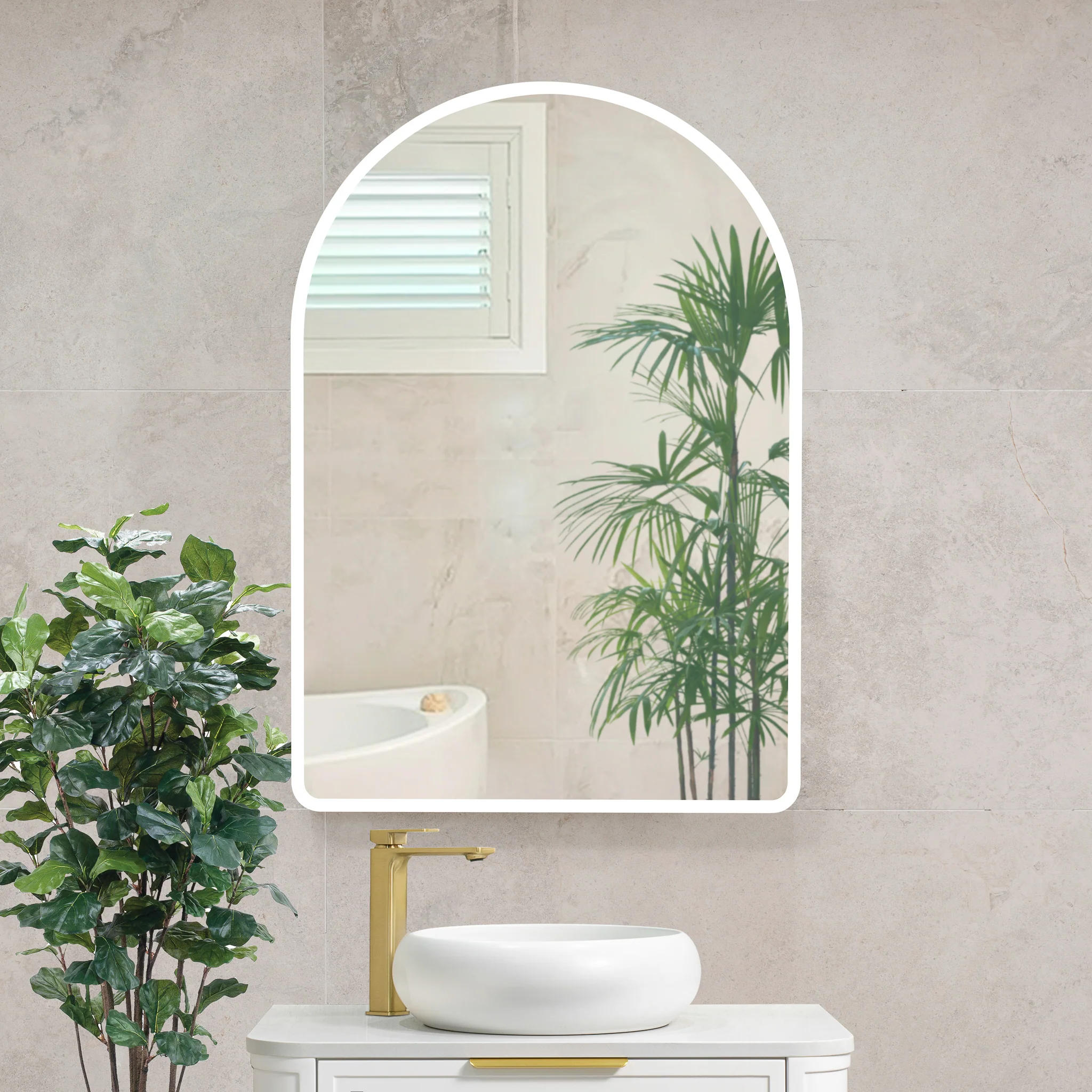 Arco Arch 700mm x 1000mm Frontlit LED Mirrored Shaving Cabinet, Matte White - Image 8