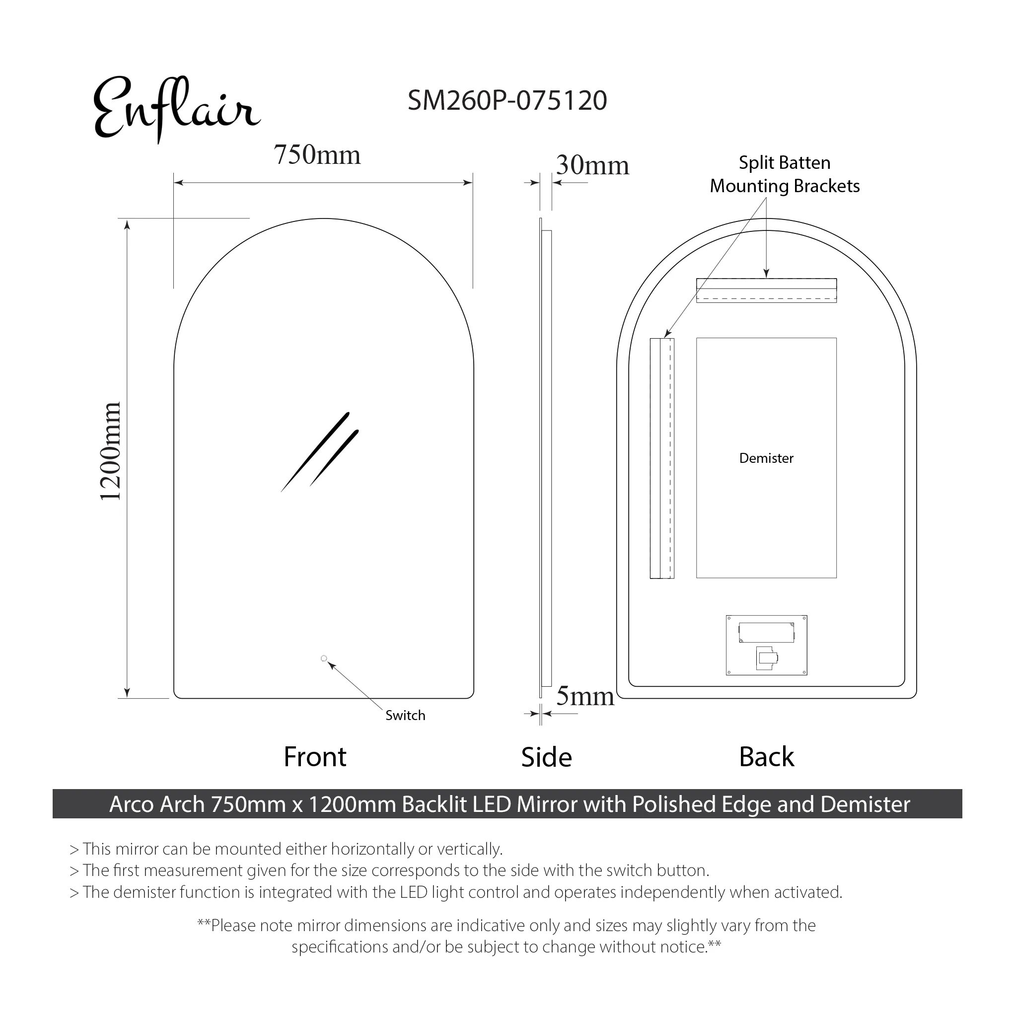 Arco Arch 750mm x 1200mm Backlit LED Frameless Mirror with Polished Edge and Demister - Image 4