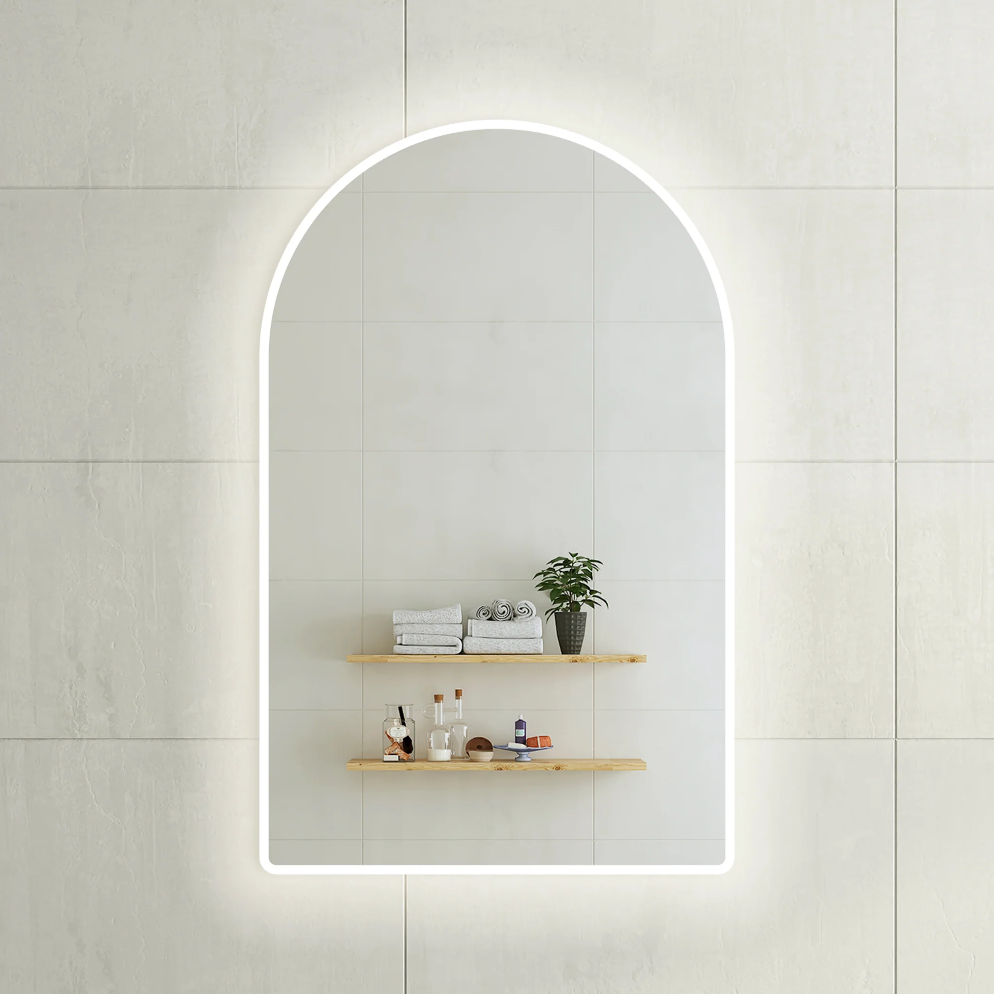 Arco Arch 750mm x 1200mm Frontlit and Backlit LED Frameless Mirror with Frosted Glass Border and Demister