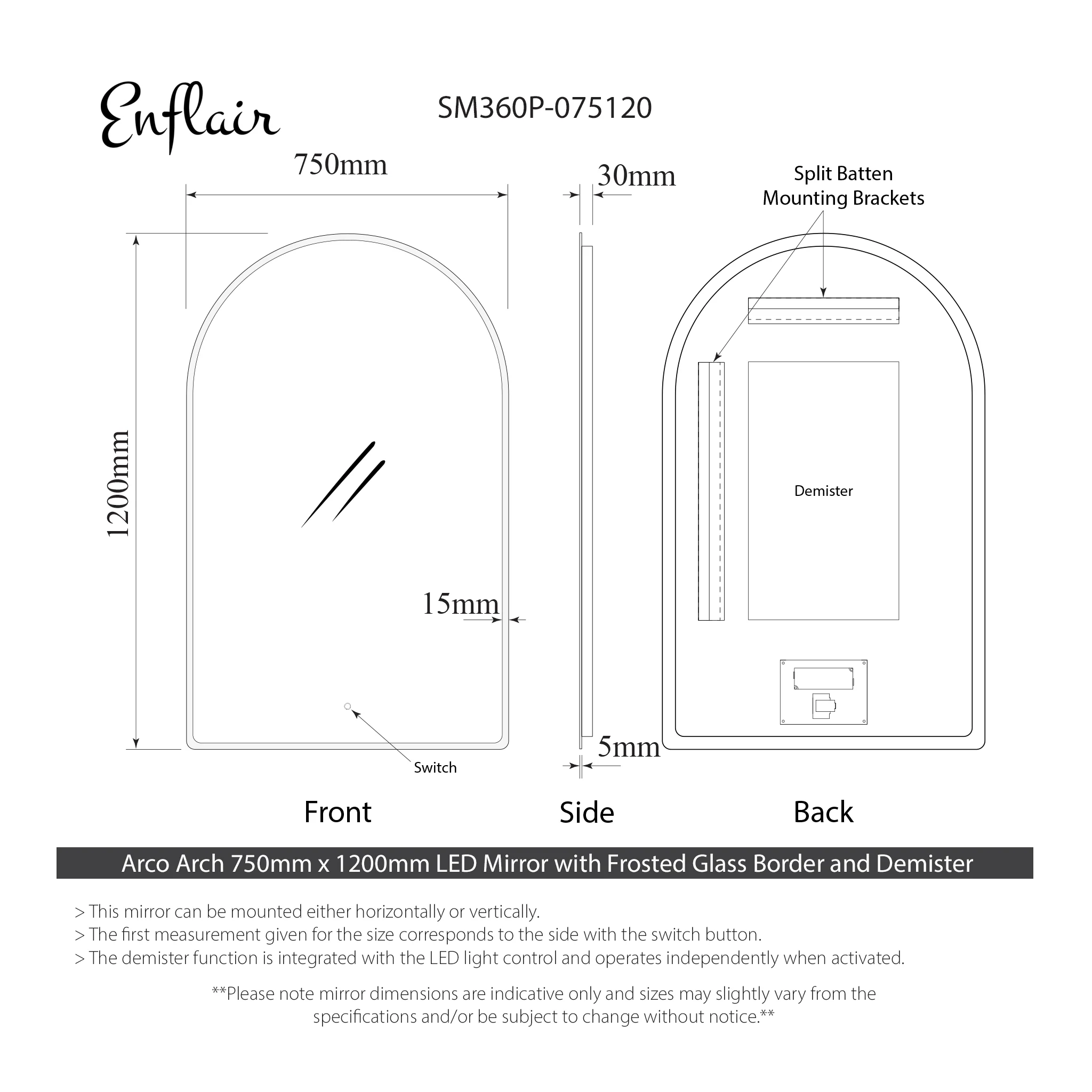 Arco Arch 750mm x 1200mm Frontlit and Backlit LED Frameless Mirror with Frosted Glass Border and Demister - Image 3