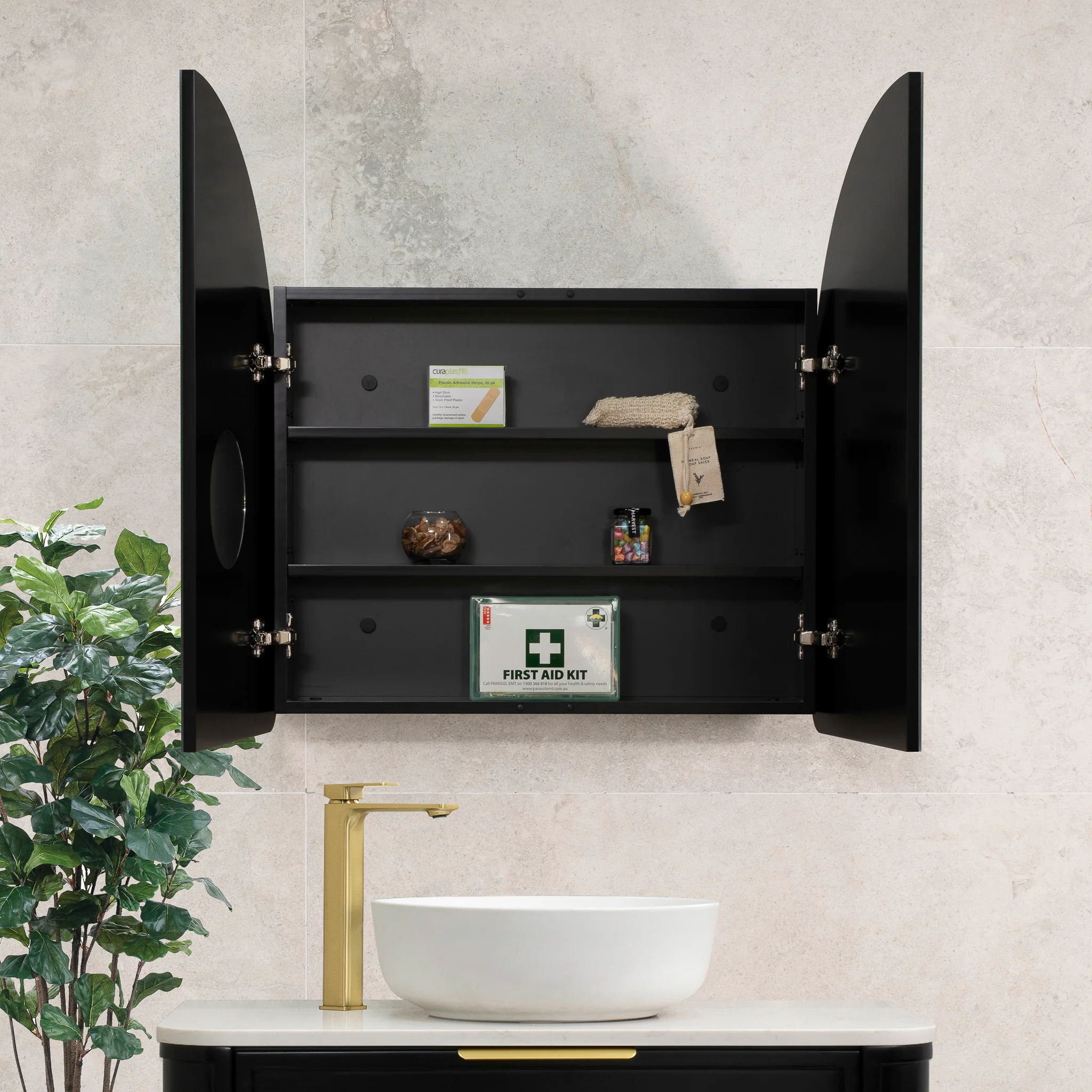 Arco Arch 800mm x 800mm Mirrored Shaving Cabinet, Matte Black - Image 9