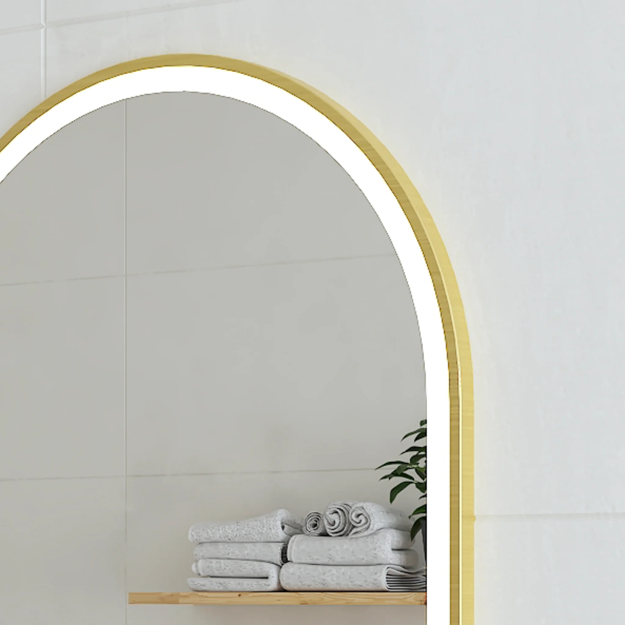 Arco Arch 850mm x 1000mm Frontlit LED Framed Mirror with Demister, Brushed Brass (Gold) Frame - Image 3