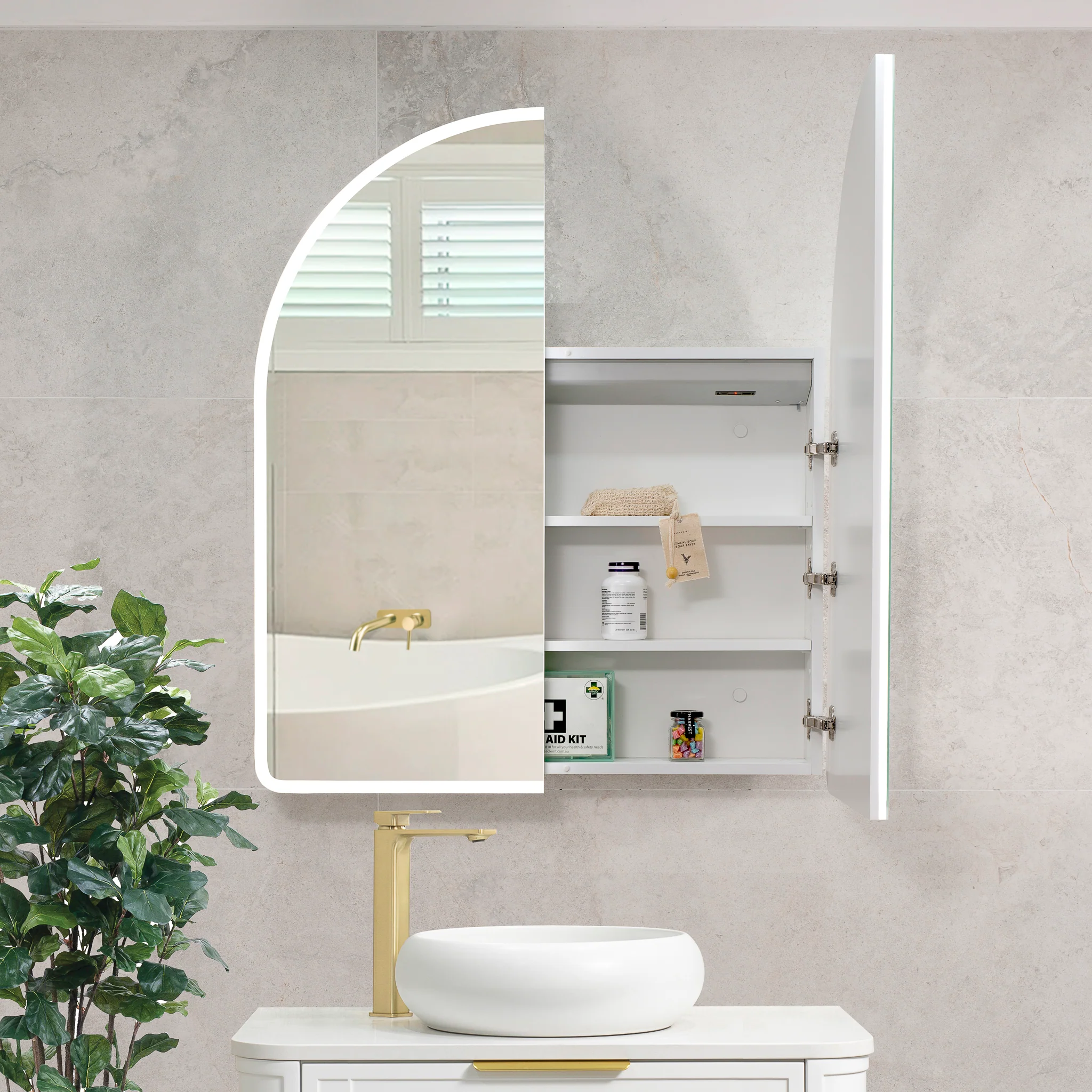Arco Arch 850mm x 1000mm Frontlit LED Mirrored Shaving Cabinet, Matte White - Image 14