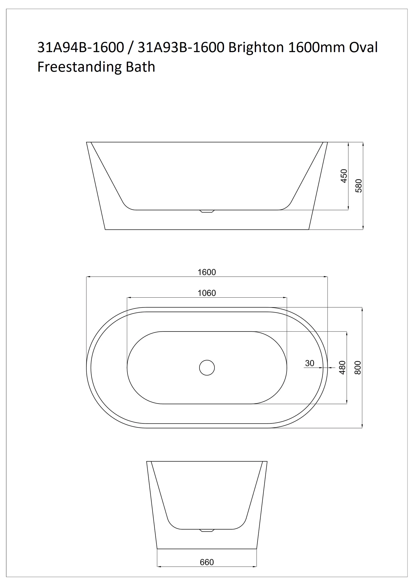 Brighton 1600mm Oval Freestanding Bath, Gloss White - Image 4
