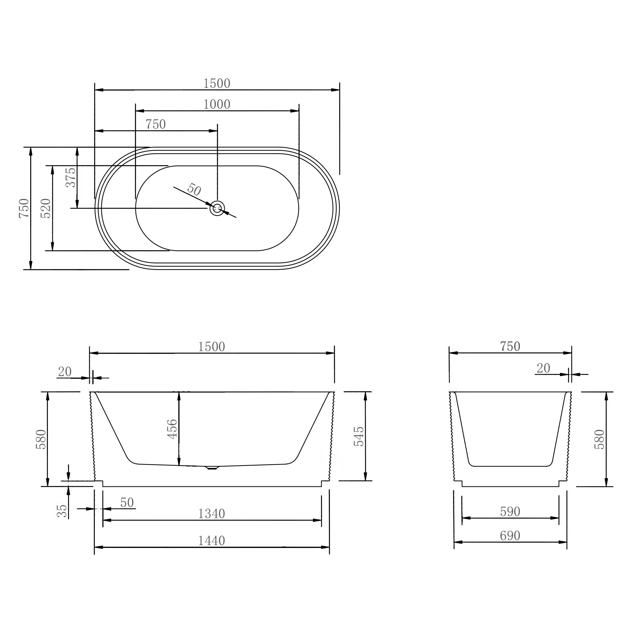 Brighton Corrugated 1500mm Ribbed Oval Freestanding Bath, Matte Black *Clearance Stock* - Image 7